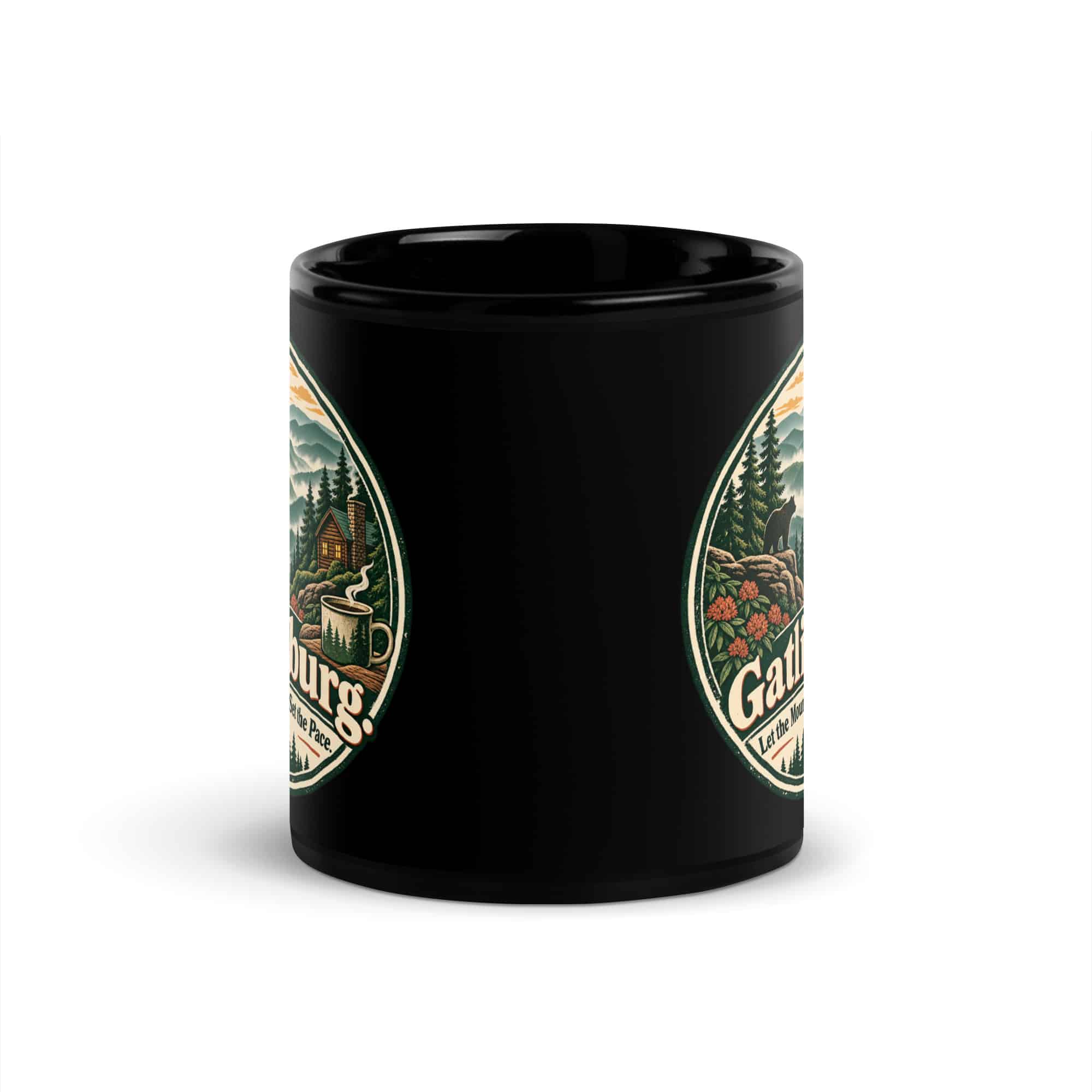 Gatlinburg and the Smokies Black Coffee Mug: Gatlinburg. Let the Mountains Set the Pace, Vintage Round Badge