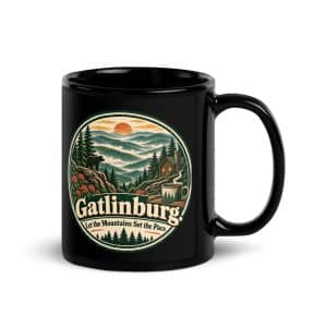 Gatlinburg and the Smokies Black Coffee Mug: Gatlinburg. Let the Mountains Set the Pace, Vintage Round Badge - 11 oz - Handle on Right