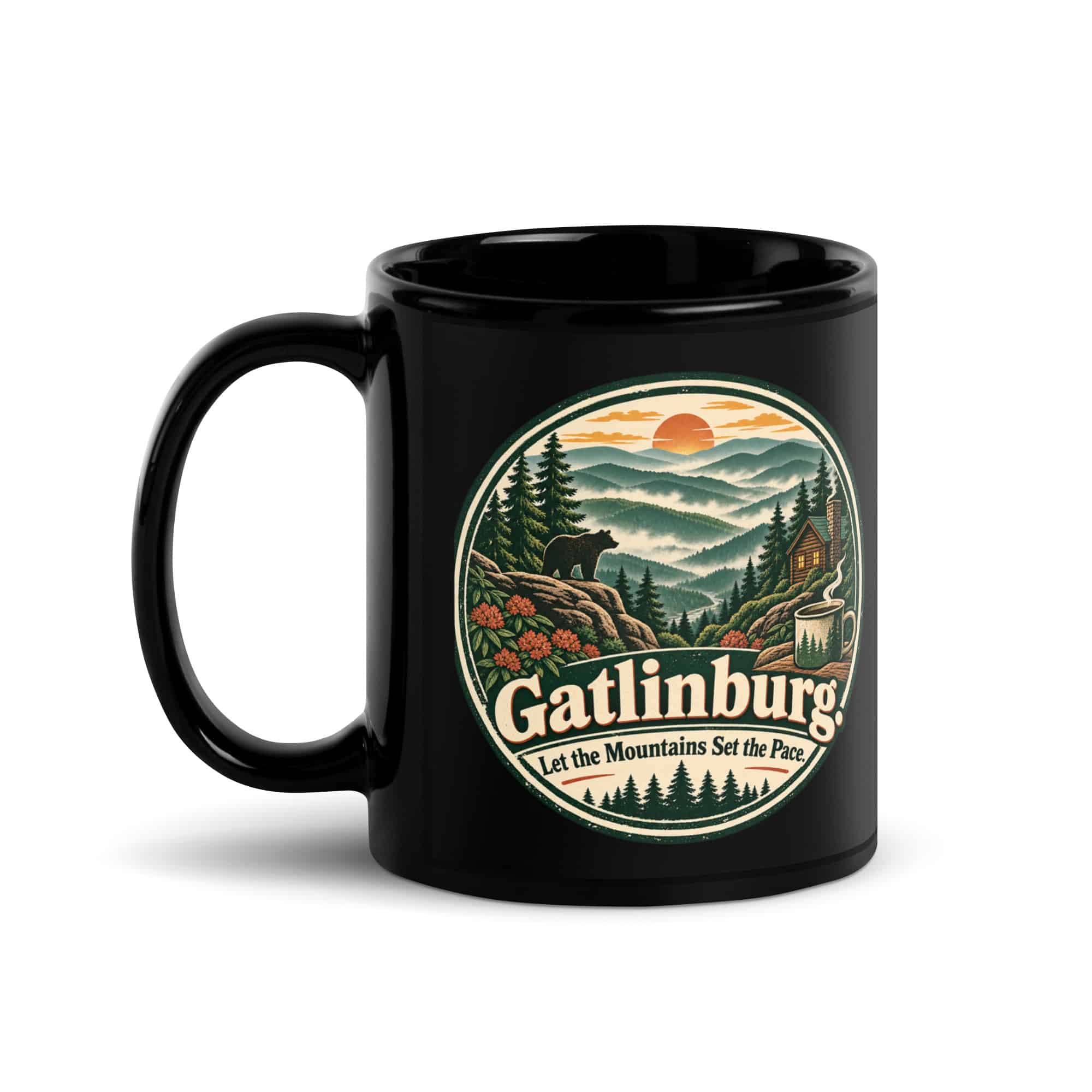 Gatlinburg and the Smokies Black Coffee Mug: Gatlinburg. Let the Mountains Set the Pace, Vintage Round Badge