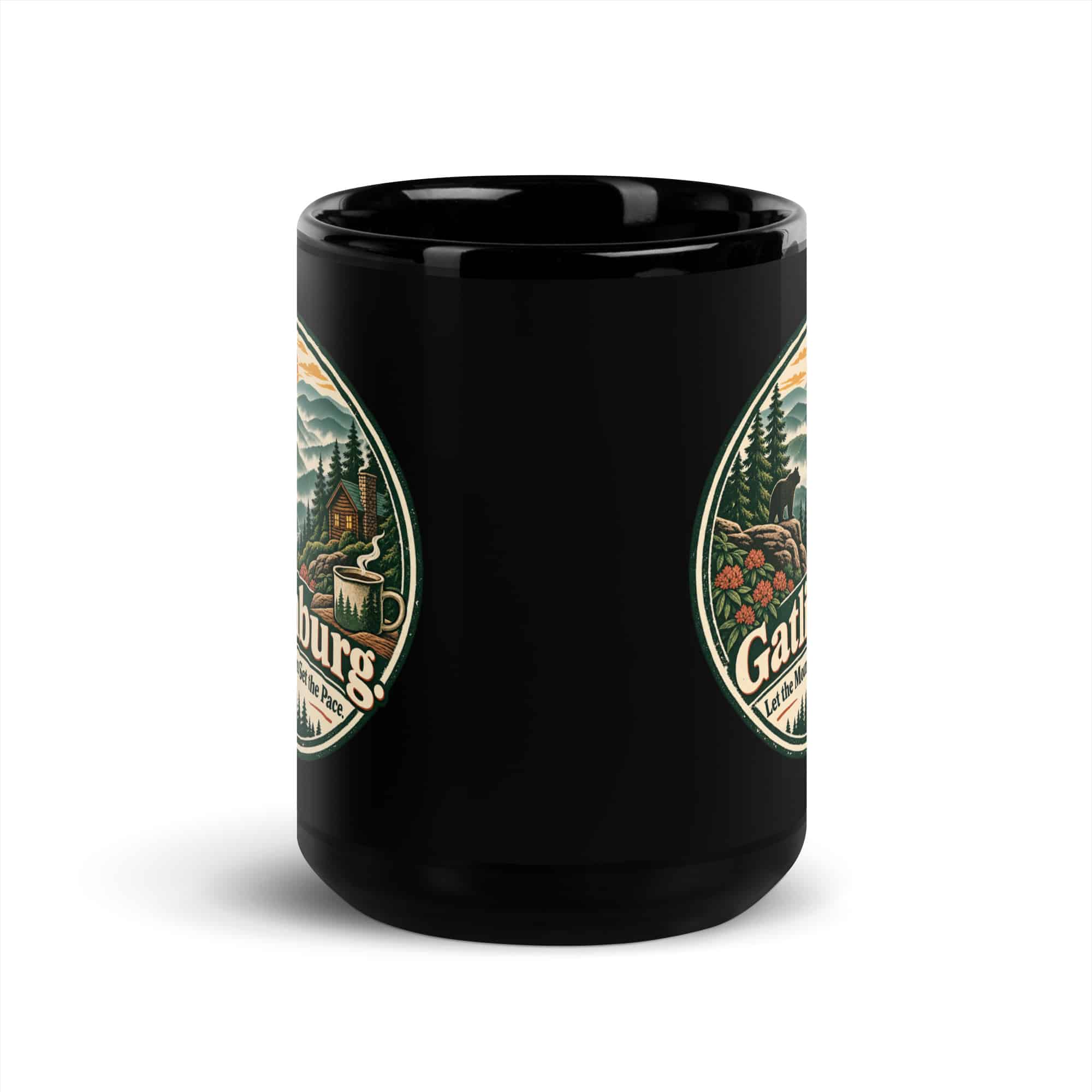 Gatlinburg and the Smokies Black Coffee Mug: Gatlinburg. Let the Mountains Set the Pace, Vintage Round Badge