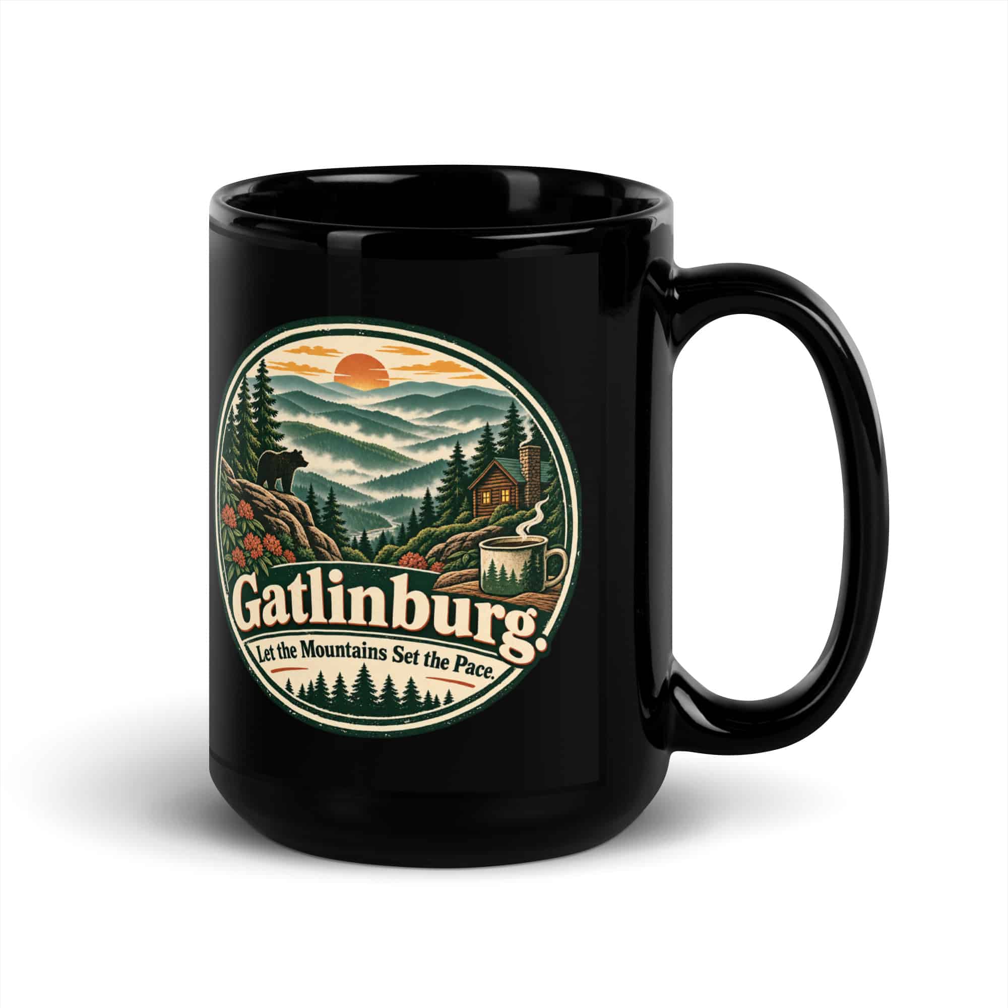 Gatlinburg and the Smokies Black Coffee Mug: Gatlinburg. Let the Mountains Set the Pace, Vintage Round Badge