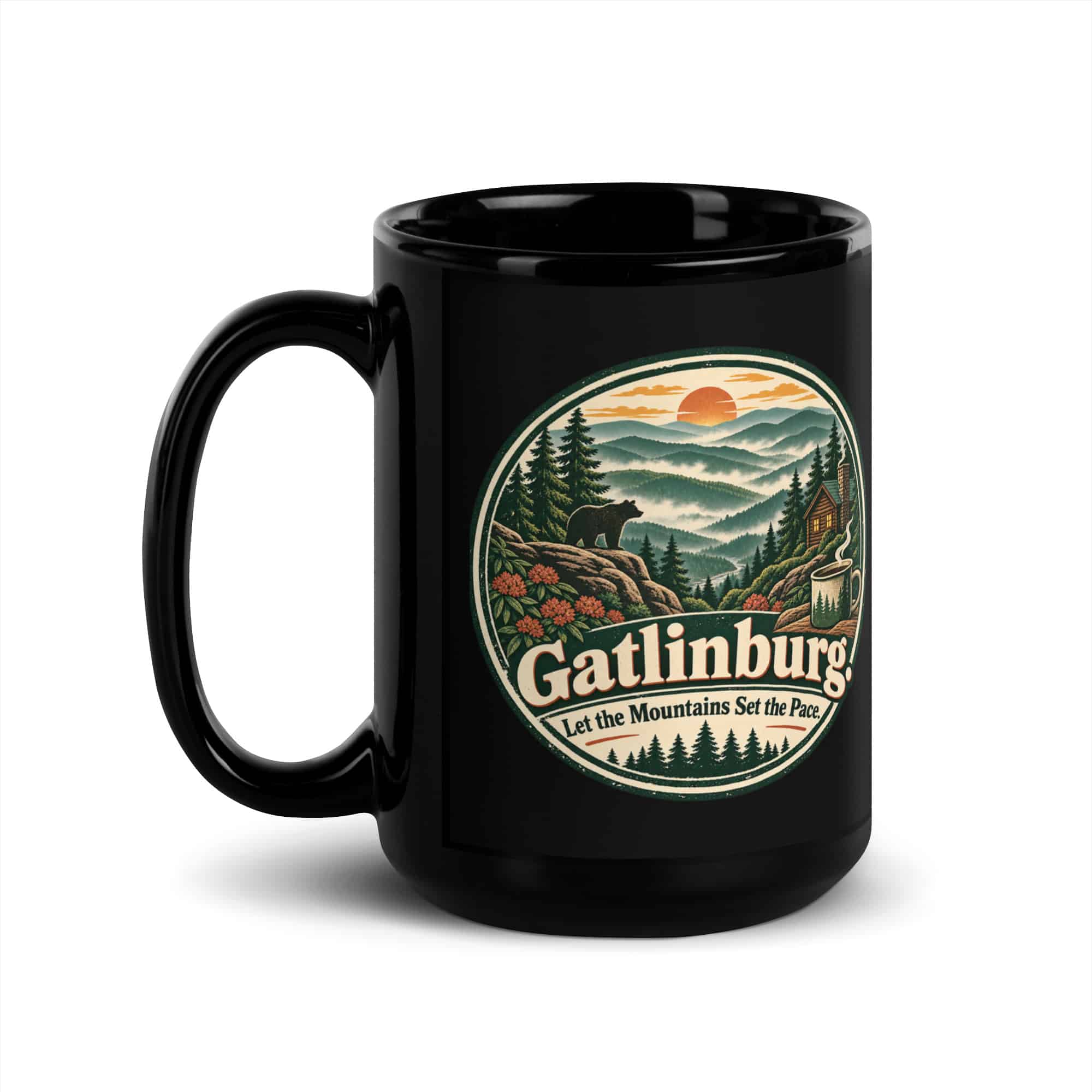 Gatlinburg and the Smokies Black Coffee Mug: Gatlinburg. Let the Mountains Set the Pace, Vintage Round Badge