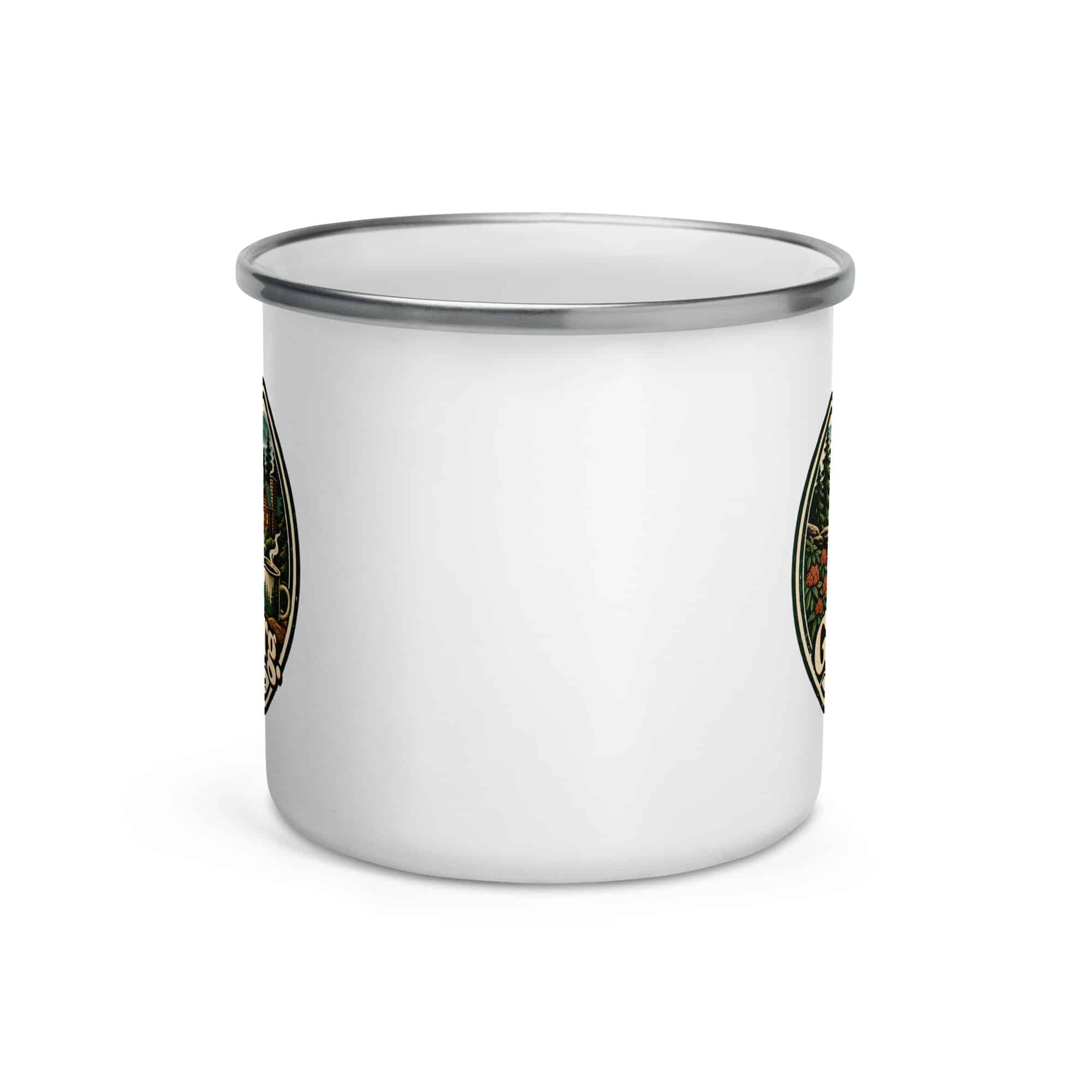 Gatlinburg and the Smokies Enamel Camp Mug: Gatlinburg. Let the Mountains Set the Pace, Vintage Round Badge