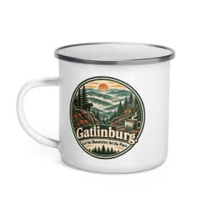 Gatlinburg and the Smokies Enamel Camp Mug: Gatlinburg. Let the Mountains Set the Pace, Vintage Round Badge - 12 oz - Left