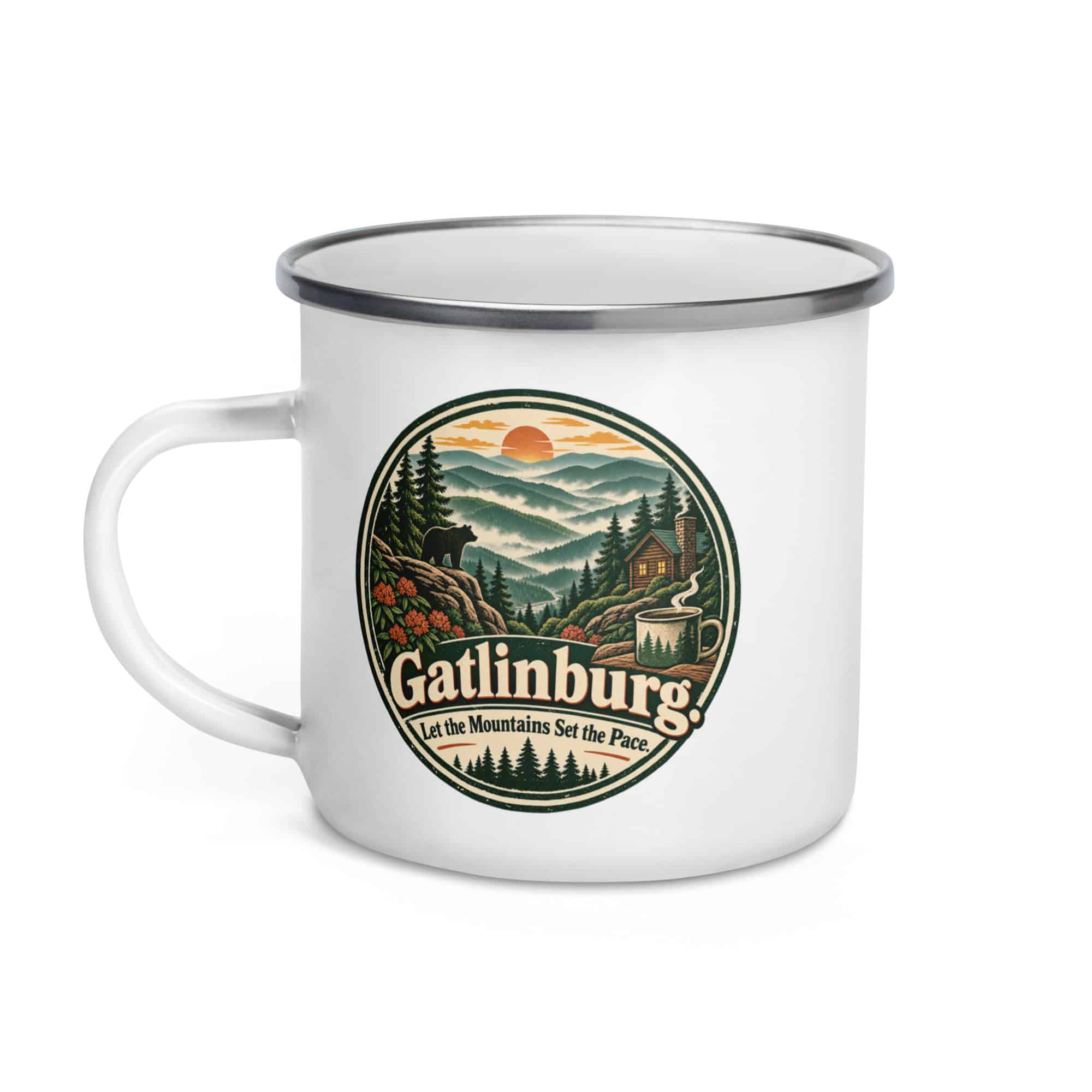Gatlinburg and the Smokies Enamel Camp Mug: Gatlinburg. Let the Mountains Set the Pace, Vintage Round Badge