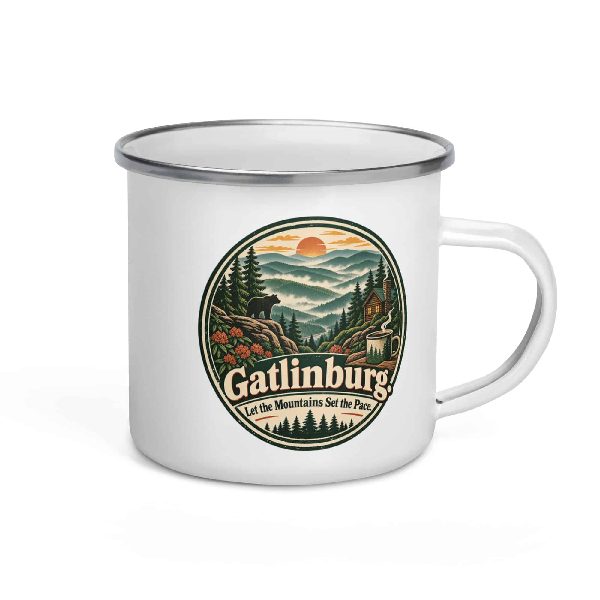 Gatlinburg and the Smokies Enamel Camp Mug: Gatlinburg. Let the Mountains Set the Pace, Vintage Round Badge