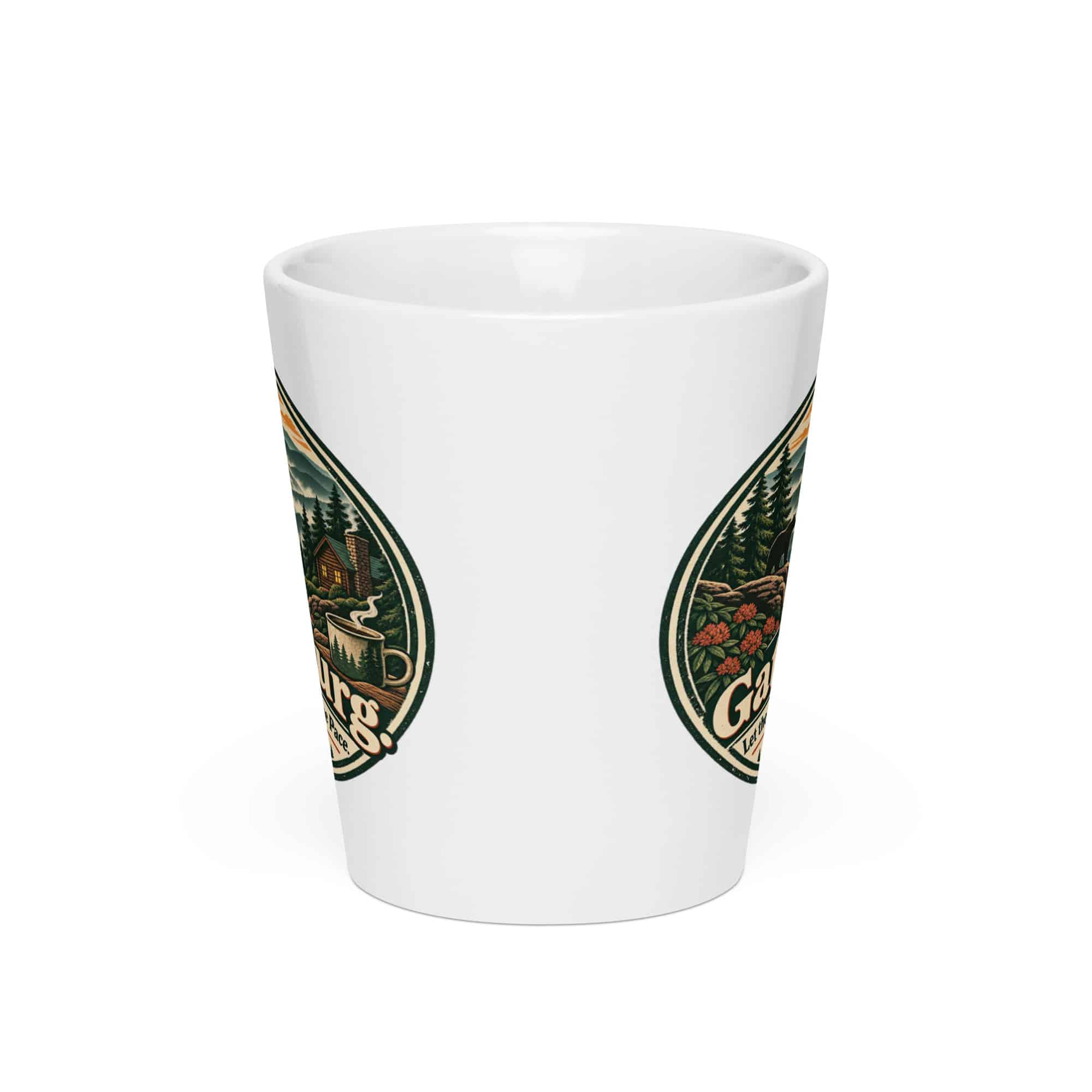 Gatlinburg and the Smokies Latte Mug: Gatlinburg. Let the Mountains Set the Pace, Vintage Round Badge