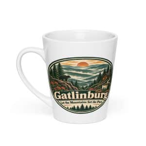 Gatlinburg and the Smokies Latte Mug: Gatlinburg. Let the Mountains Set the Pace, Vintage Round Badge - 12 oz - Main