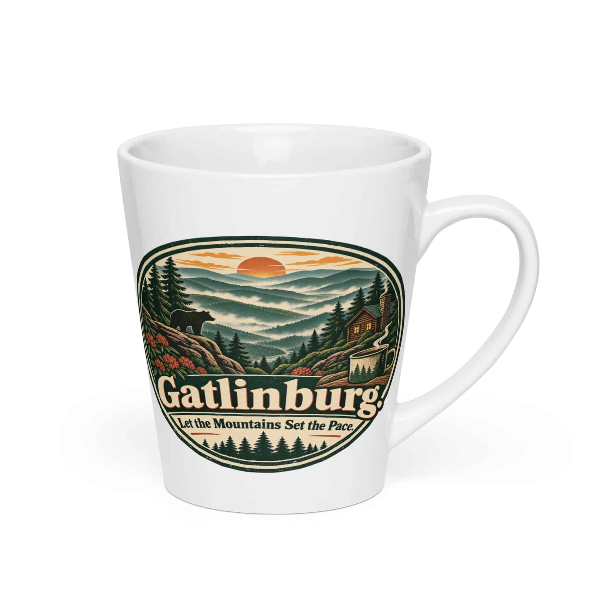 Gatlinburg and the Smokies Latte Mug: Gatlinburg. Let the Mountains Set the Pace, Vintage Round Badge
