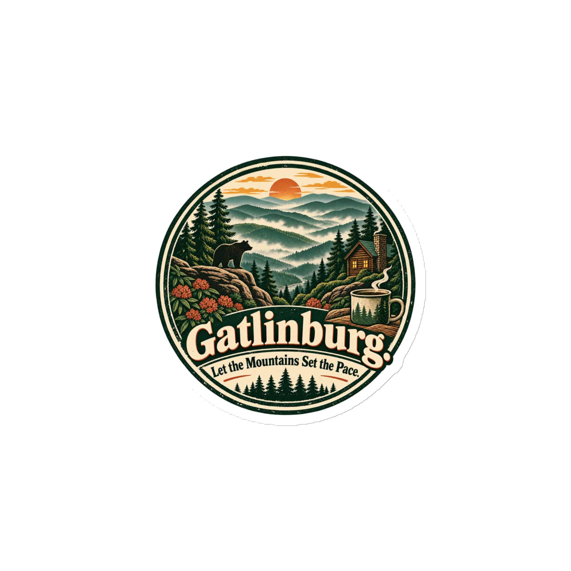 Gatlinburg and the Smokies Die-Cut Magnet: Gatlinburg. Let the Mountains Set the Pace, Vintage Round Badge