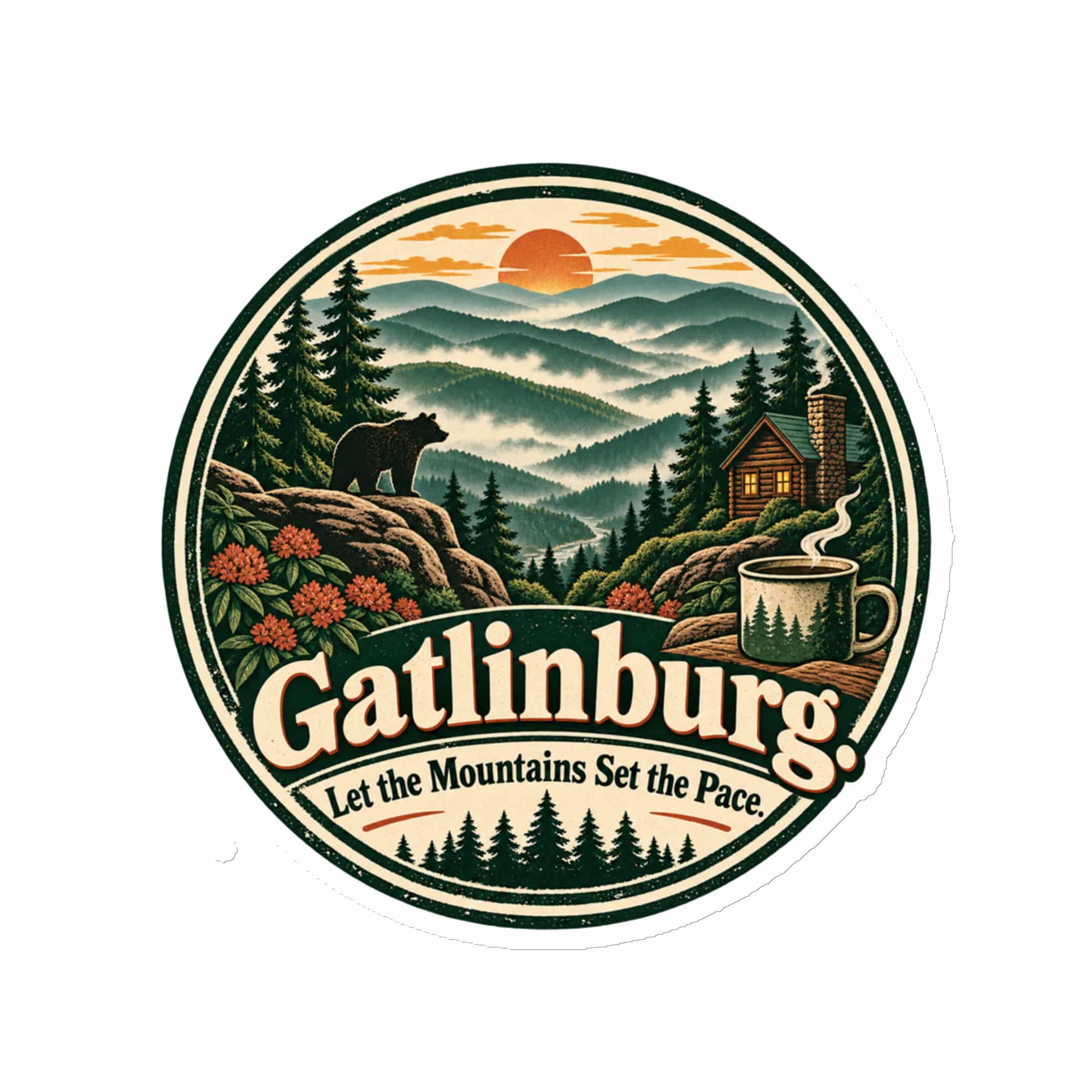 Gatlinburg and the Smokies Die-Cut Magnet: Gatlinburg. Let the Mountains Set the Pace, Vintage Round Badge