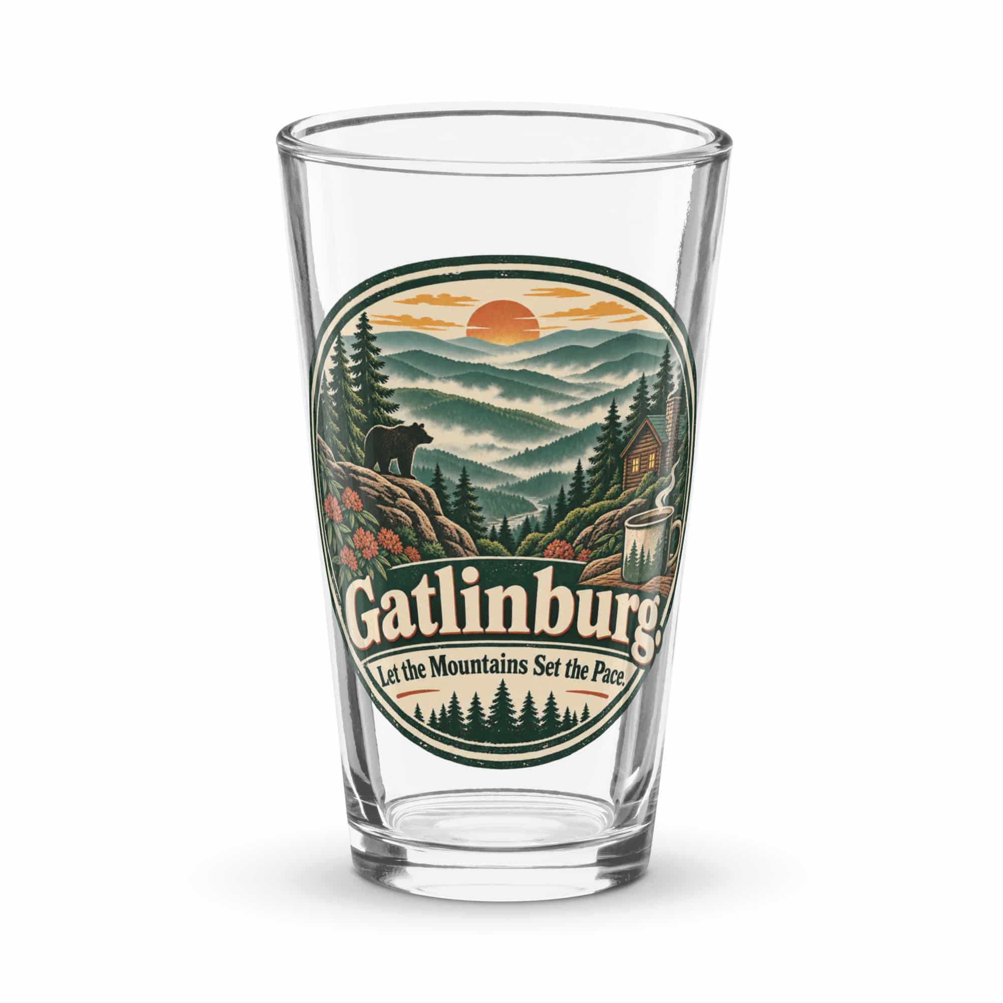 Gatlinburg and the Smokies Pint Glass: Gatlinburg. Let the Mountains Set the Pace, Vintage Round Badge