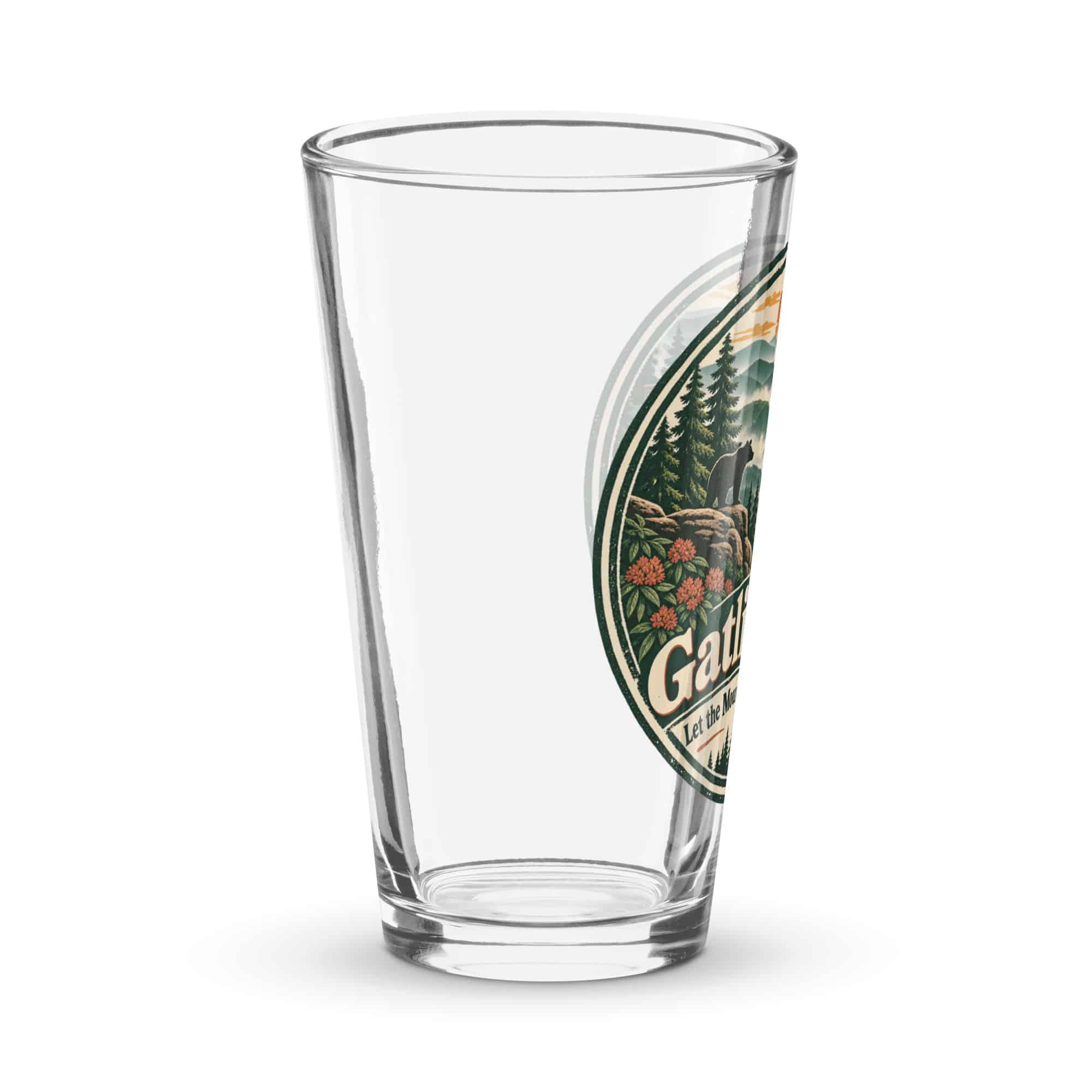 Gatlinburg and the Smokies Pint Glass: Gatlinburg. Let the Mountains Set the Pace, Vintage Round Badge