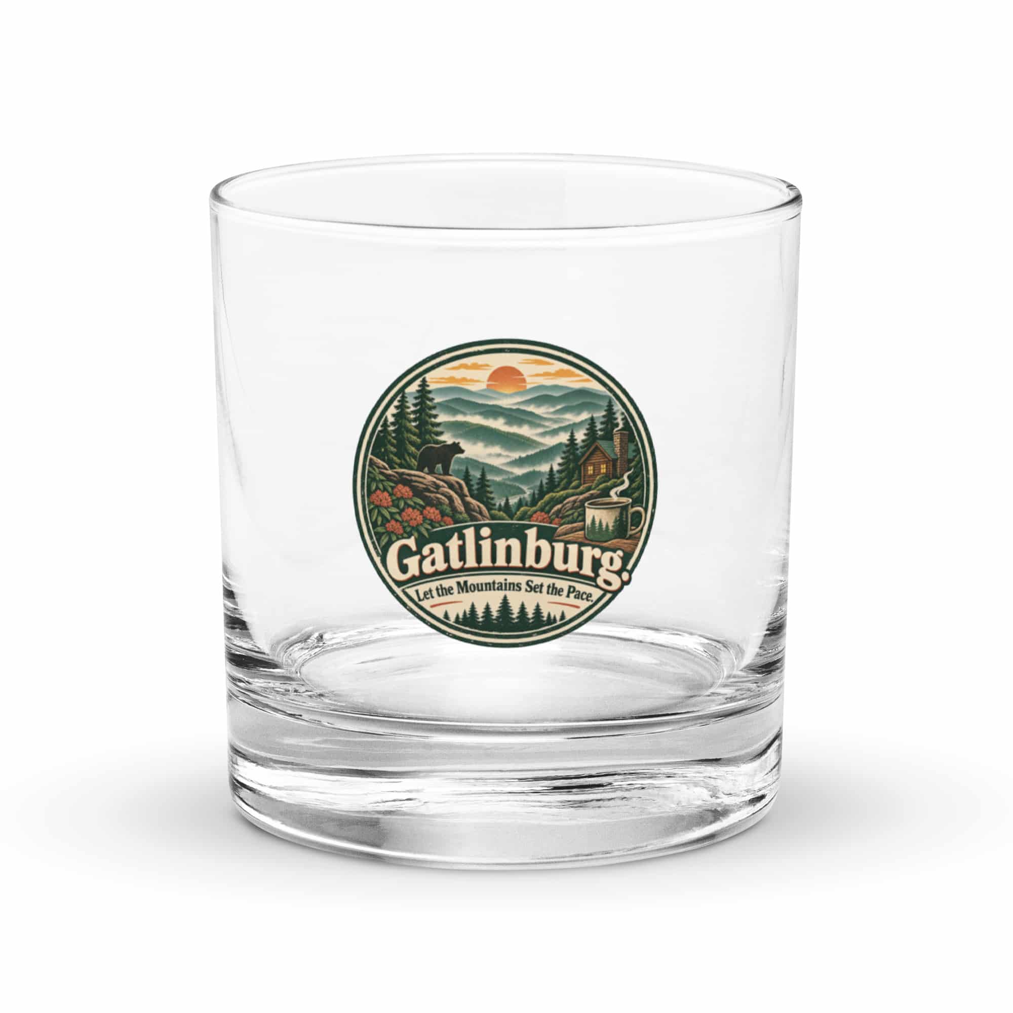 Gatlinburg and the Smokies Rocks Glass: Gatlinburg. Let the Mountains Set the Pace, Vintage Round Badge