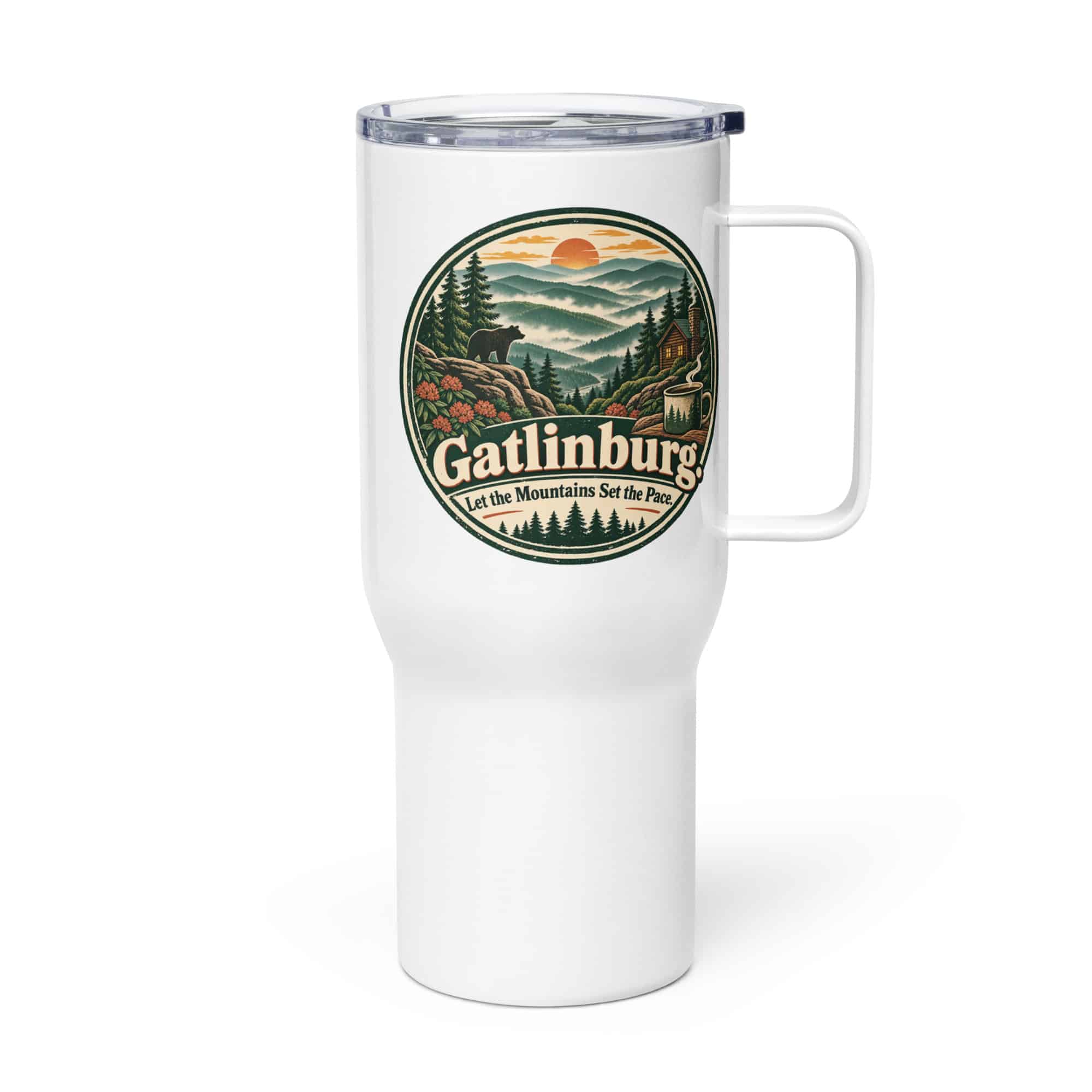 Gatlinburg and the Smokies Travel Mug: Gatlinburg. Let the Mountains Set the Pace, Vintage Round Badge