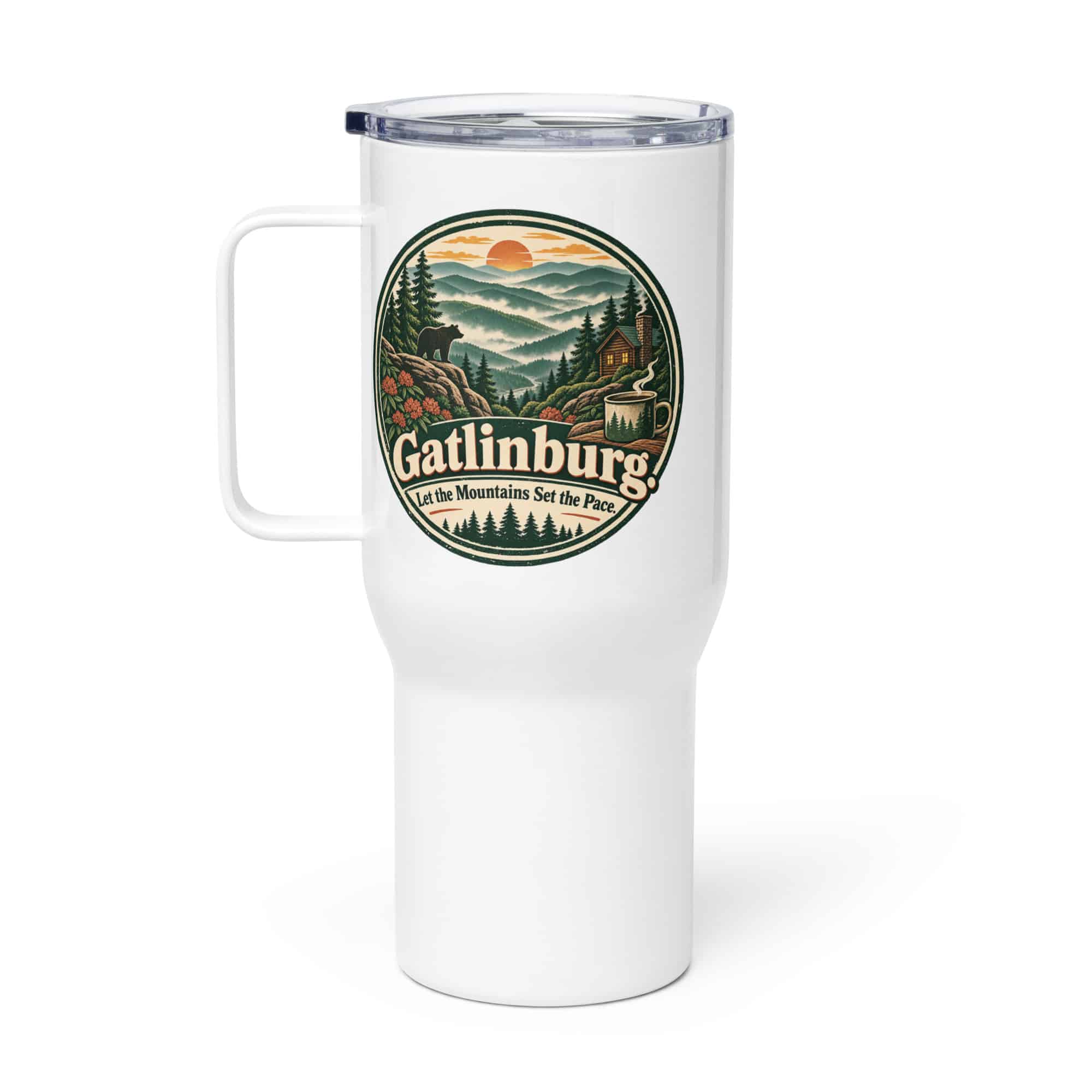 Gatlinburg and the Smokies Travel Mug: Gatlinburg. Let the Mountains Set the Pace, Vintage Round Badge