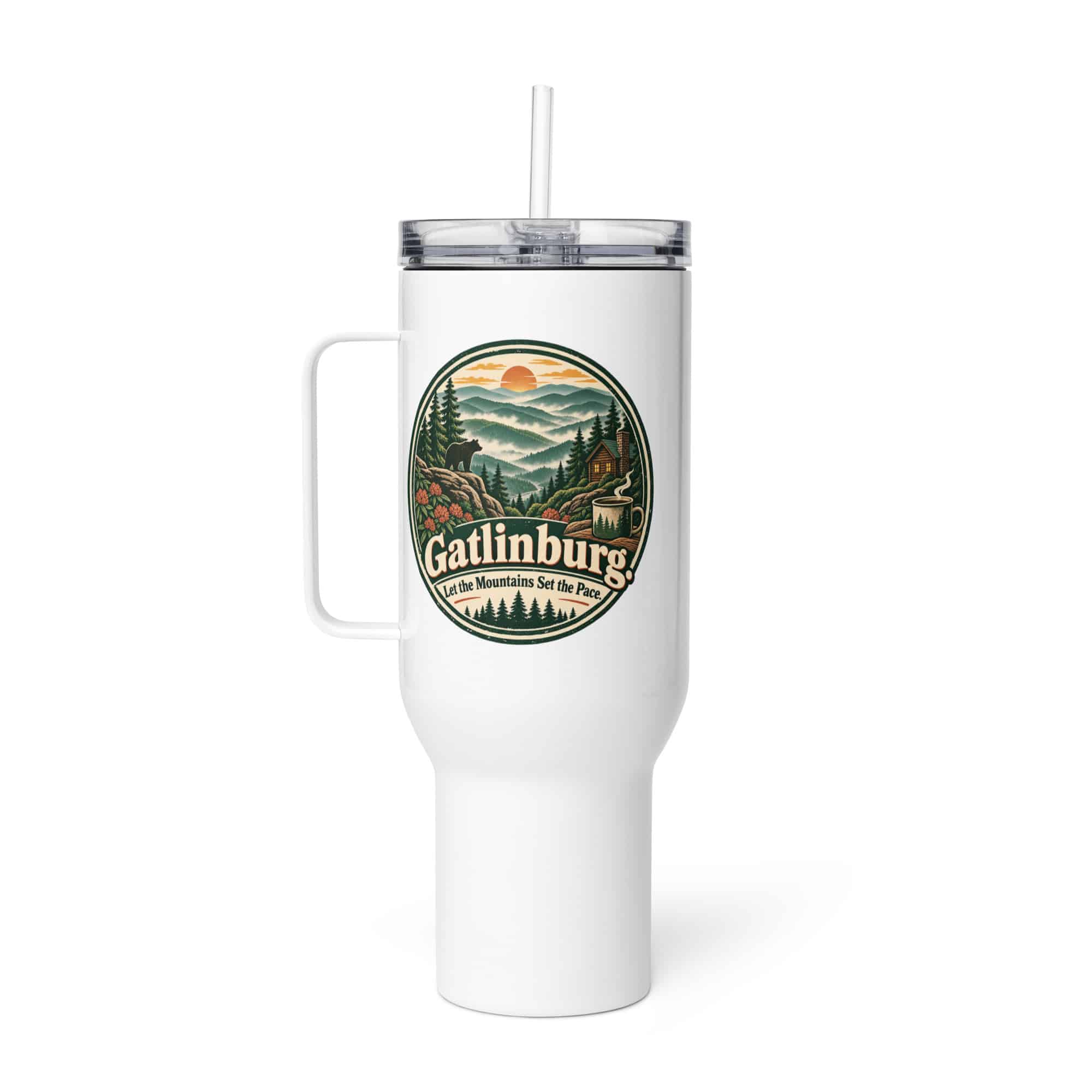 Gatlinburg and the Smokies Travel Mug: Gatlinburg. Let the Mountains Set the Pace, Vintage Round Badge