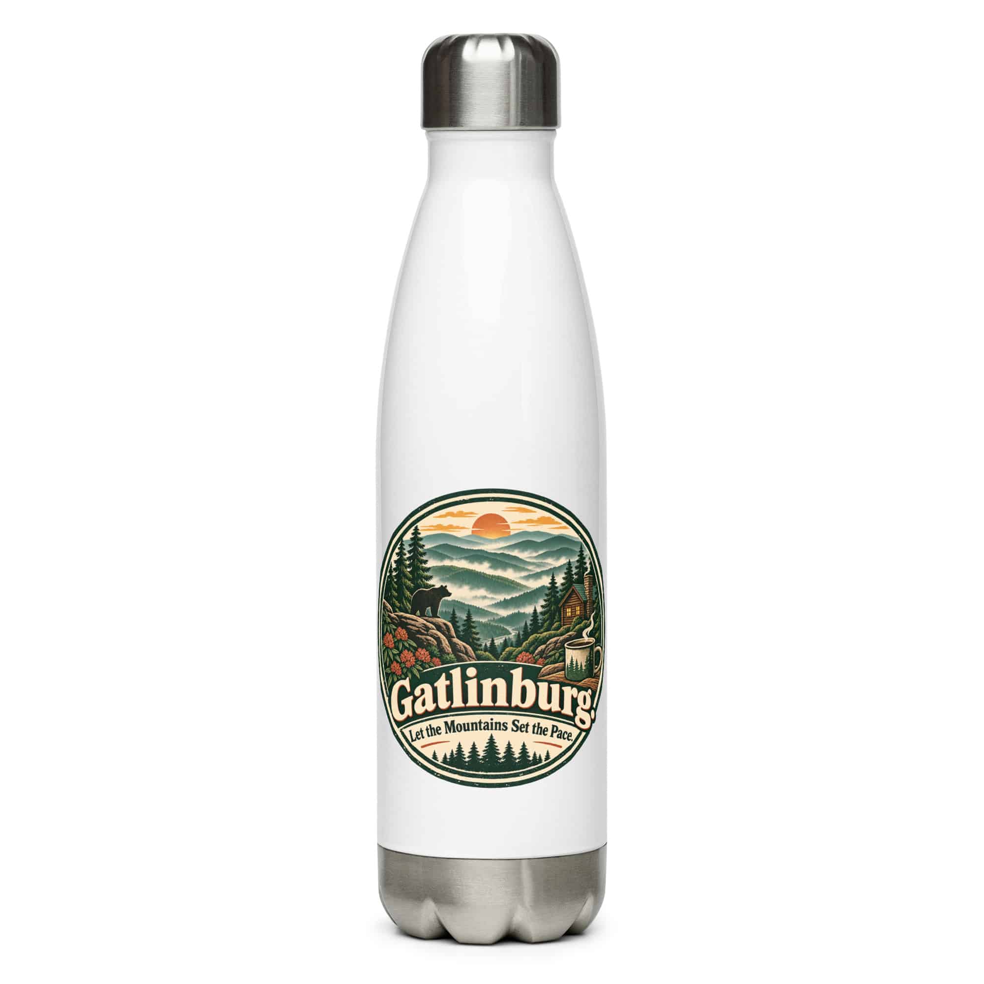 Gatlinburg and the Smokies Stainless Steel Water Bottle: Gatlinburg. Let the Mountains Set the Pace, Vintage Round Badge