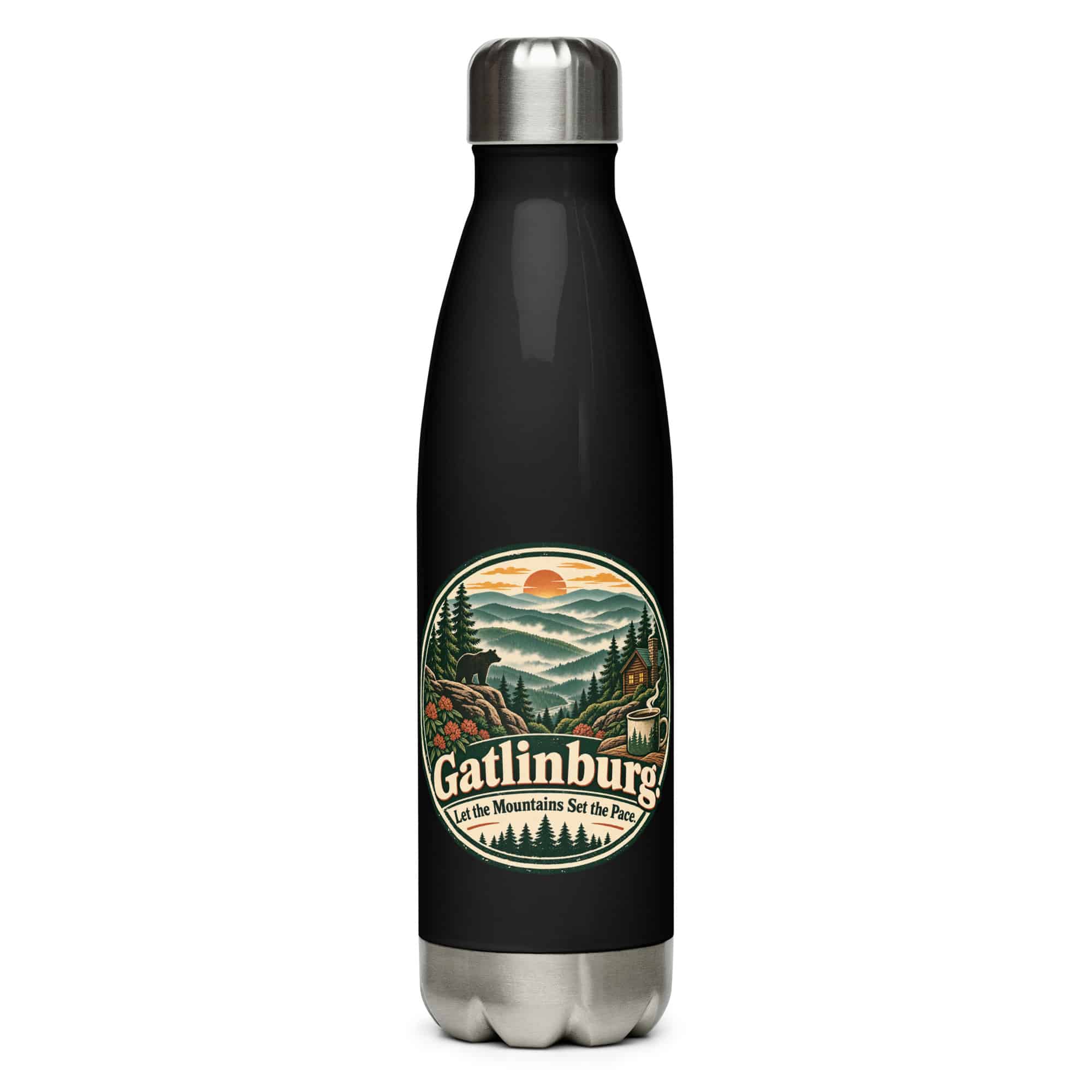 Gatlinburg and the Smokies Stainless Steel Water Bottle: Gatlinburg. Let the Mountains Set the Pace, Vintage Round Badge