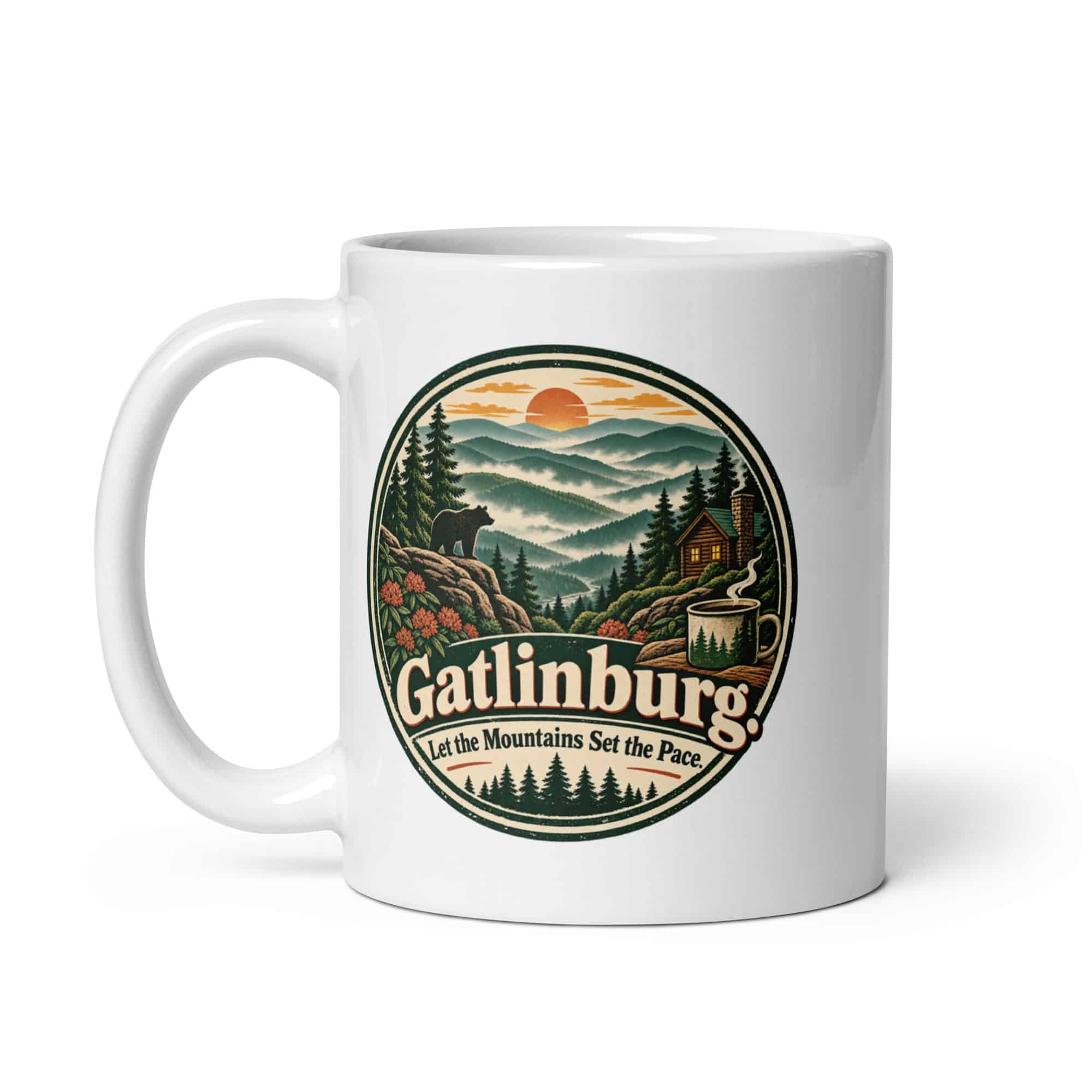 Gatlinburg and the Smokies White Ceramic Coffee Mug: Gatlinburg. Let the Mountains Set the Pace, Vintage Round Badge