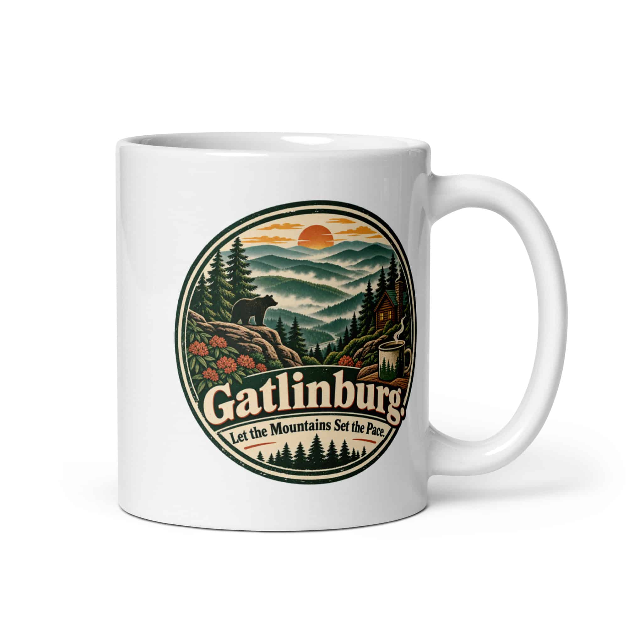 Gatlinburg and the Smokies White Ceramic Coffee Mug: Gatlinburg. Let the Mountains Set the Pace, Vintage Round Badge