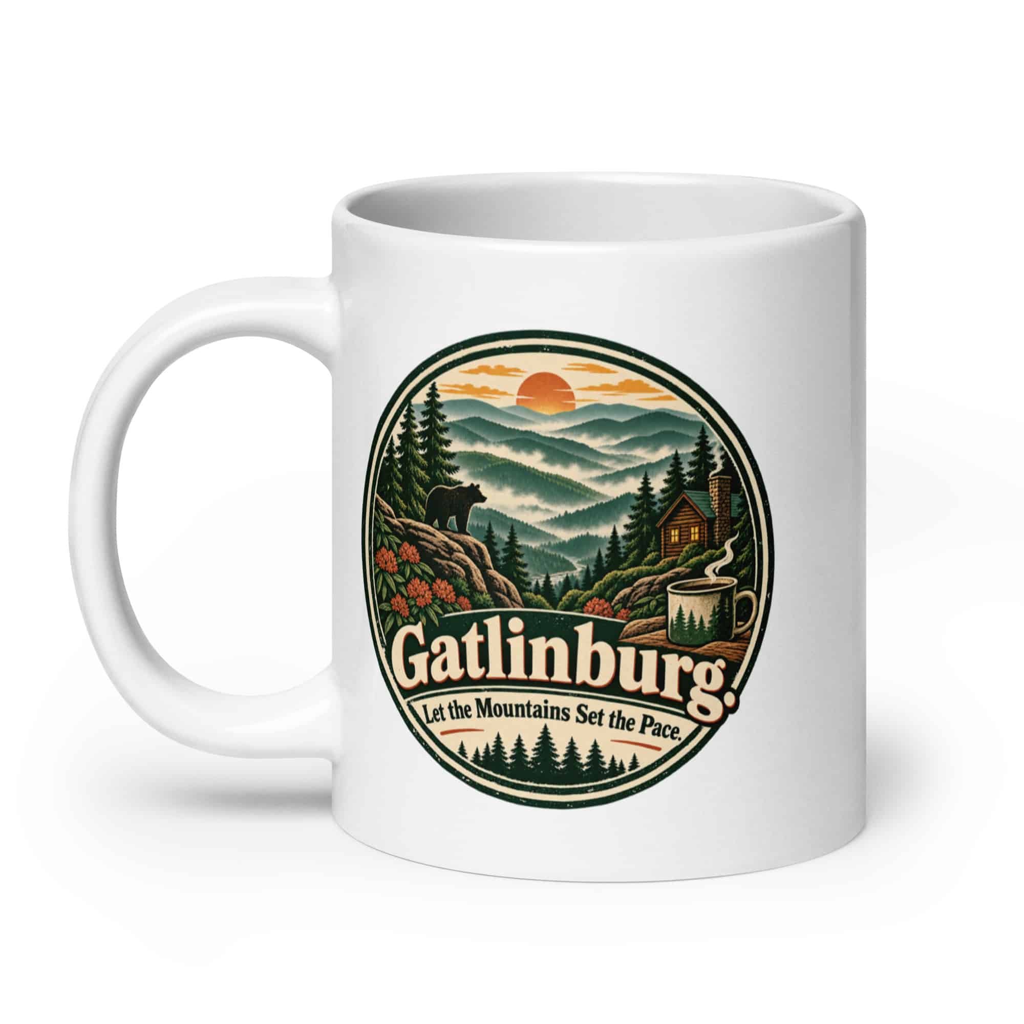 Gatlinburg and the Smokies White Ceramic Coffee Mug: Gatlinburg. Let the Mountains Set the Pace, Vintage Round Badge