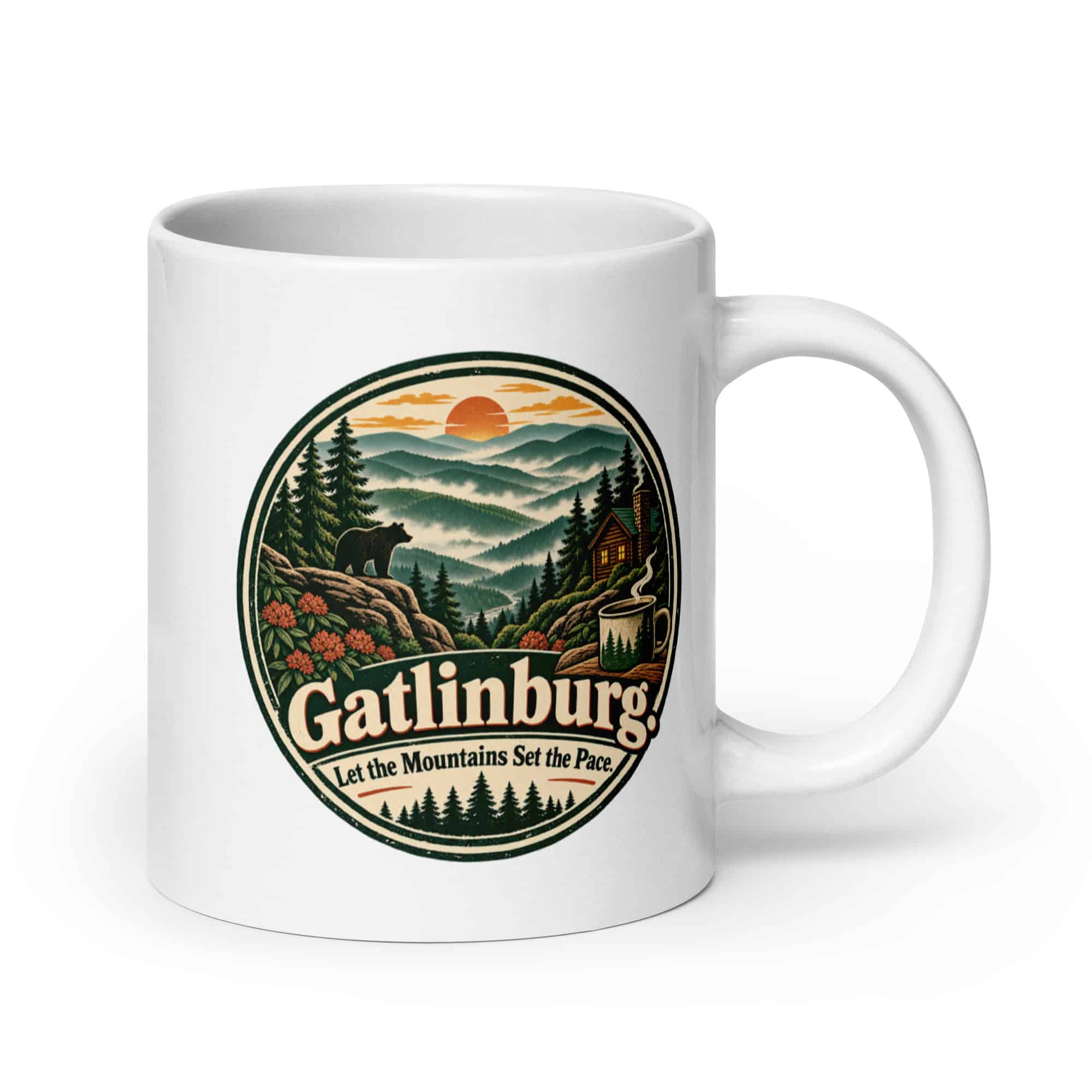 Gatlinburg and the Smokies White Ceramic Coffee Mug: Gatlinburg. Let the Mountains Set the Pace, Vintage Round Badge