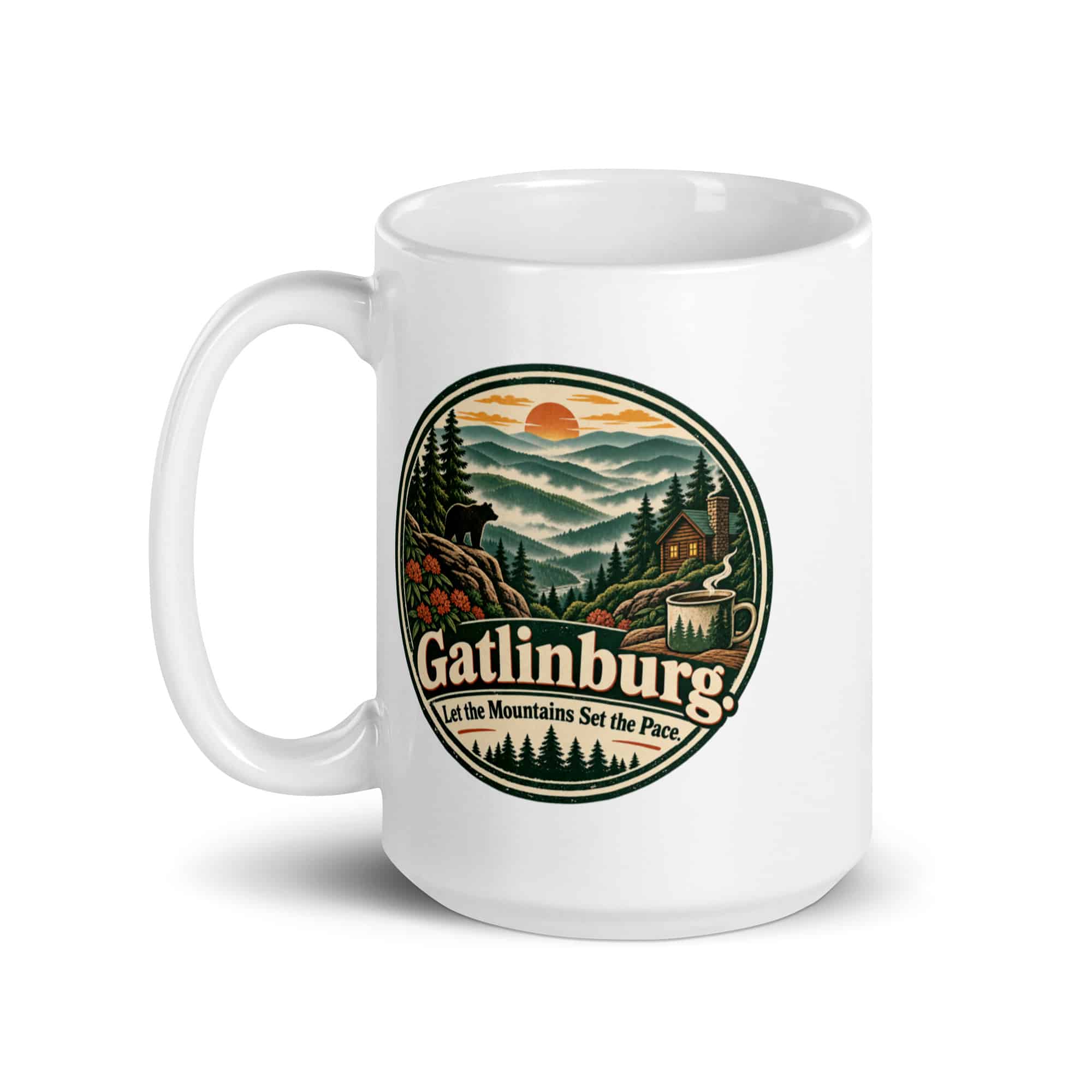 Gatlinburg and the Smokies White Ceramic Coffee Mug: Gatlinburg. Let the Mountains Set the Pace, Vintage Round Badge