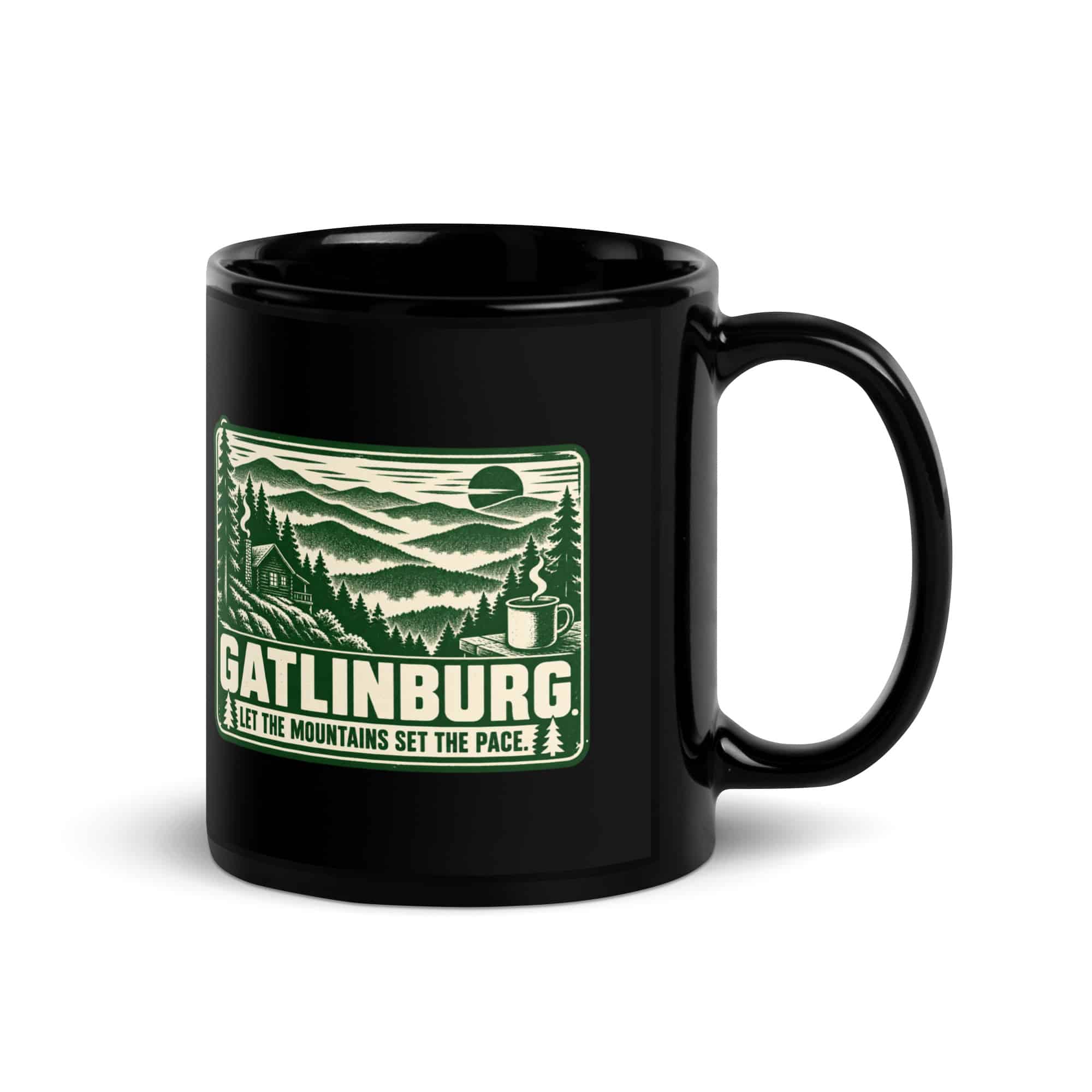 Gatlinburg and the Smokies Black Coffee Mug: Gatlinburg. Let the Mountains Set the Pace, Forest Ink Stamp