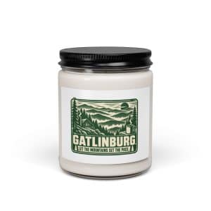 Gatlinburg and the Smokies Soy Wax Candle: Gatlinburg. Let the Mountains Set the Pace, Forest Ink Stamp - 9oz - Main