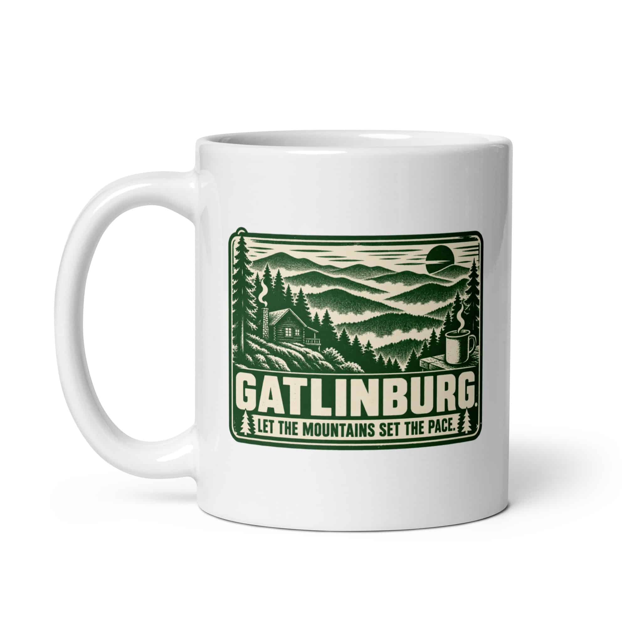 Gatlinburg and the Smokies White Ceramic Coffee Mug: Gatlinburg. Let the Mountains Set the Pace, Forest Ink Stamp