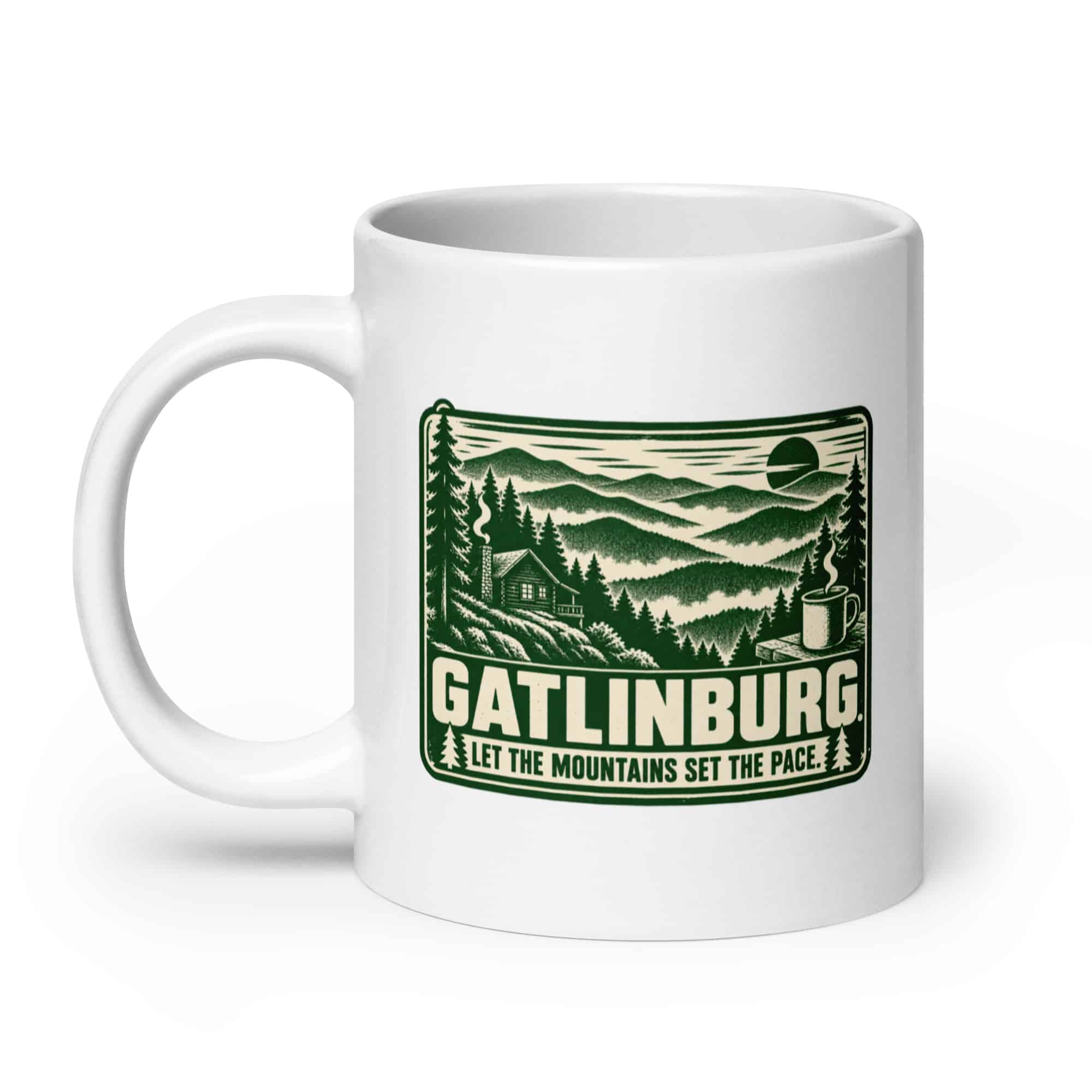 Gatlinburg and the Smokies White Ceramic Coffee Mug: Gatlinburg. Let the Mountains Set the Pace, Forest Ink Stamp