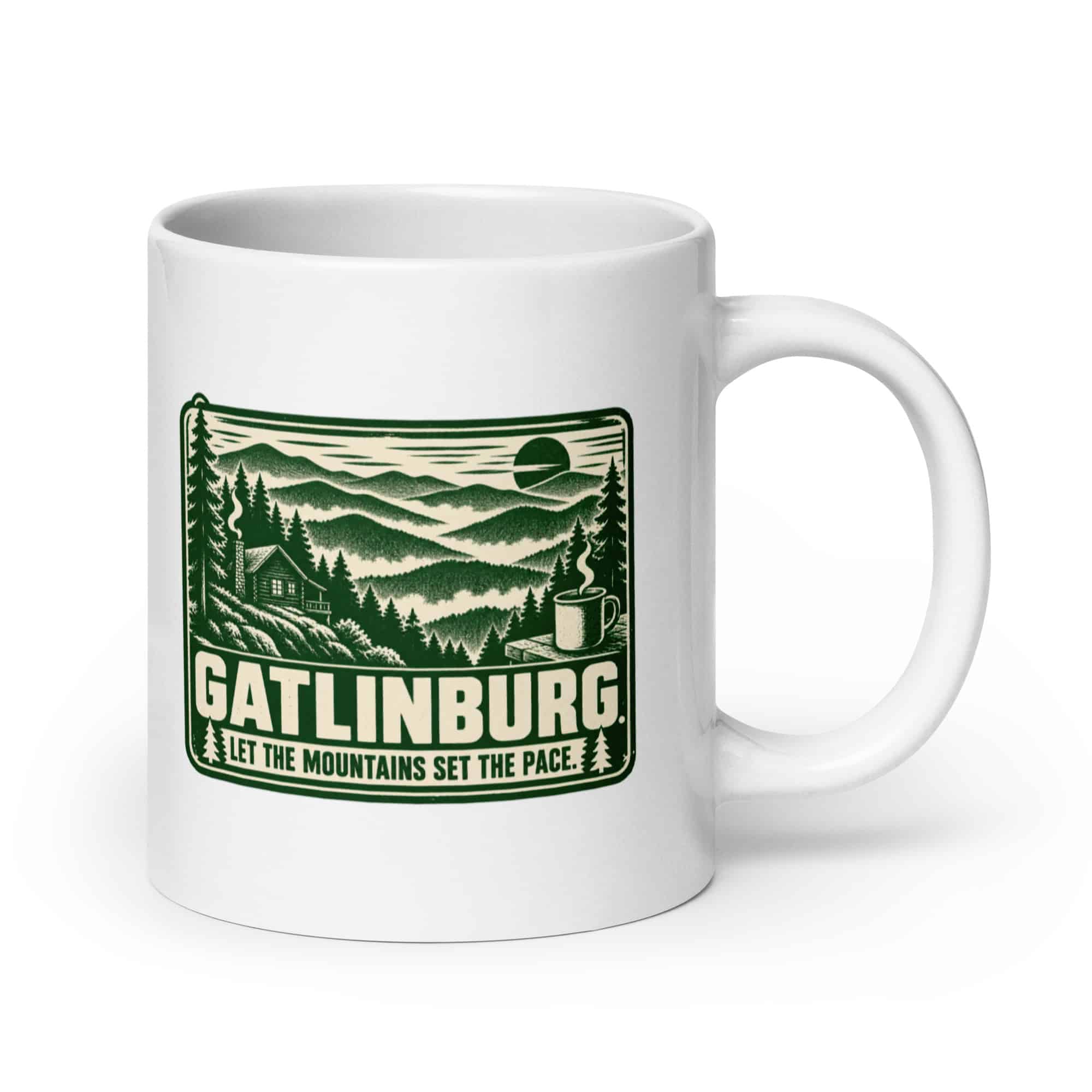 Gatlinburg and the Smokies White Ceramic Coffee Mug: Gatlinburg. Let the Mountains Set the Pace, Forest Ink Stamp