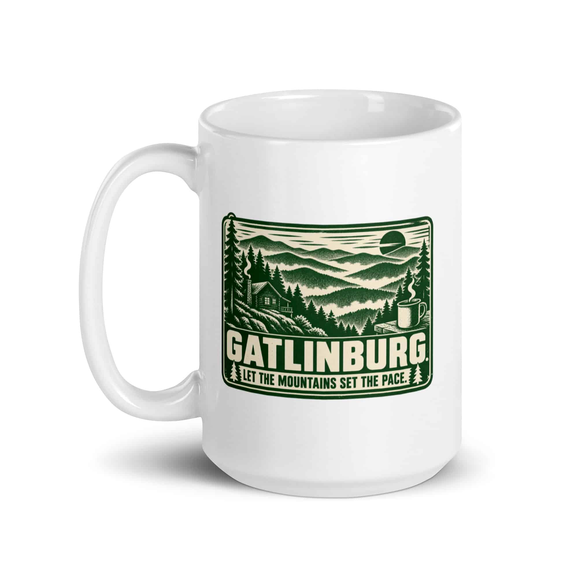 Gatlinburg and the Smokies White Ceramic Coffee Mug: Gatlinburg. Let the Mountains Set the Pace, Forest Ink Stamp