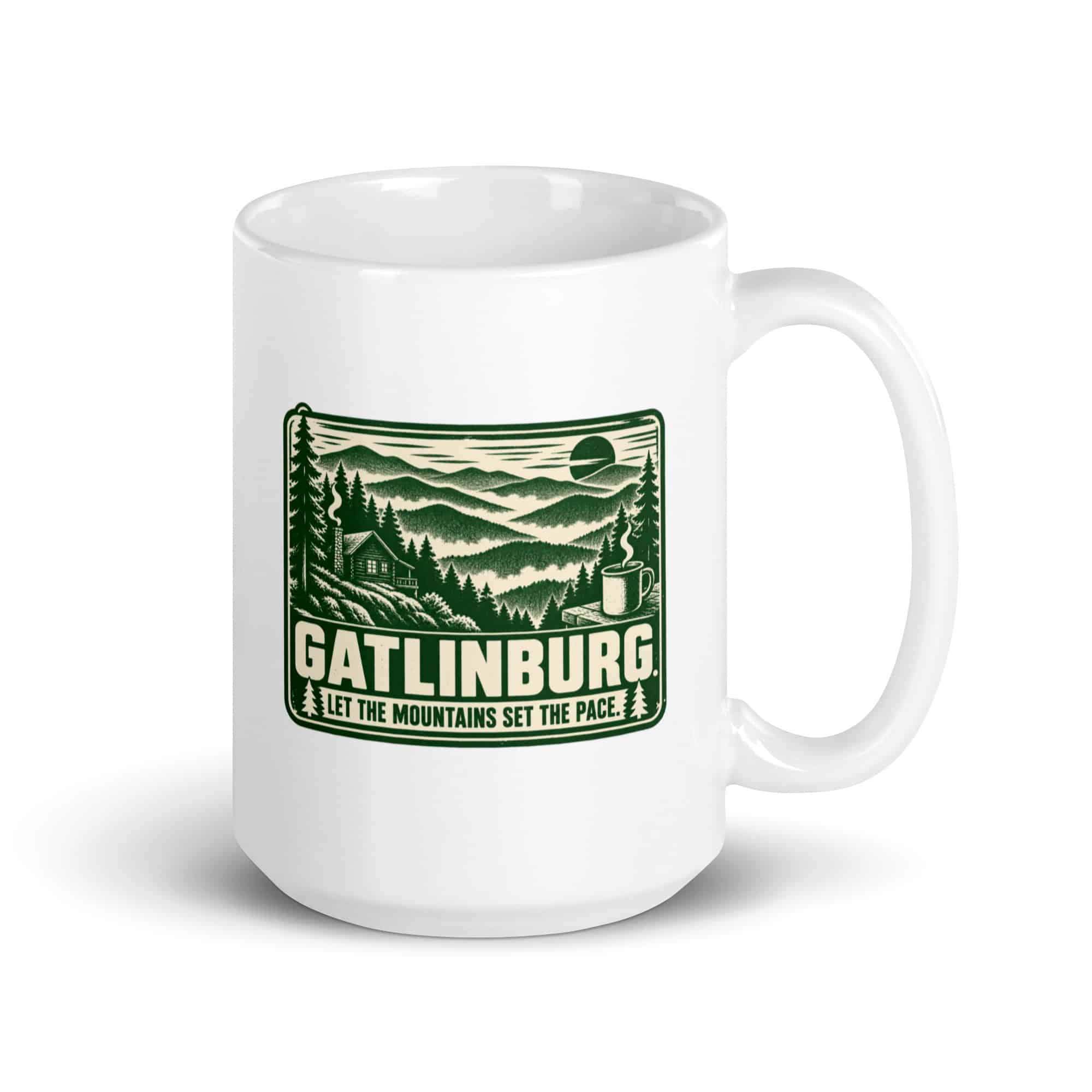 Gatlinburg and the Smokies White Ceramic Coffee Mug: Gatlinburg. Let the Mountains Set the Pace, Forest Ink Stamp