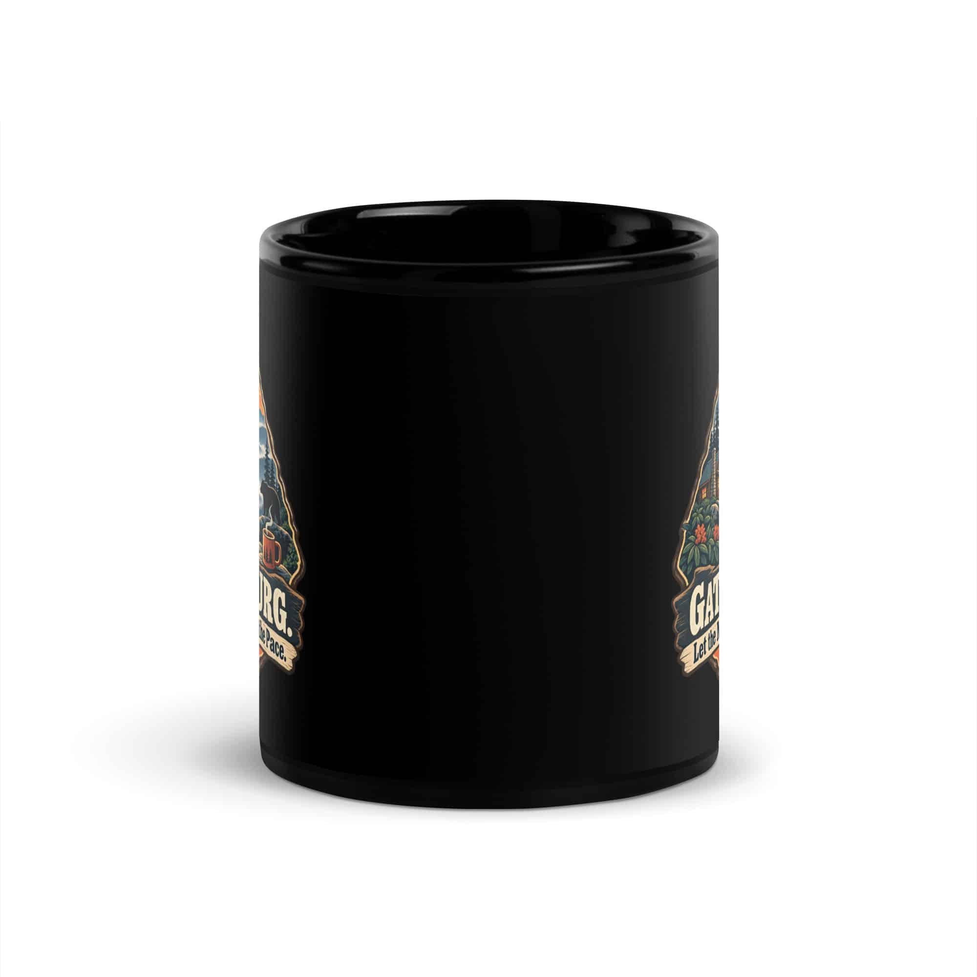Gatlinburg and the Smokies Black Coffee Mug: Gatlinburg. Let the Mountains Set the Pace, Scenic Shield Badge