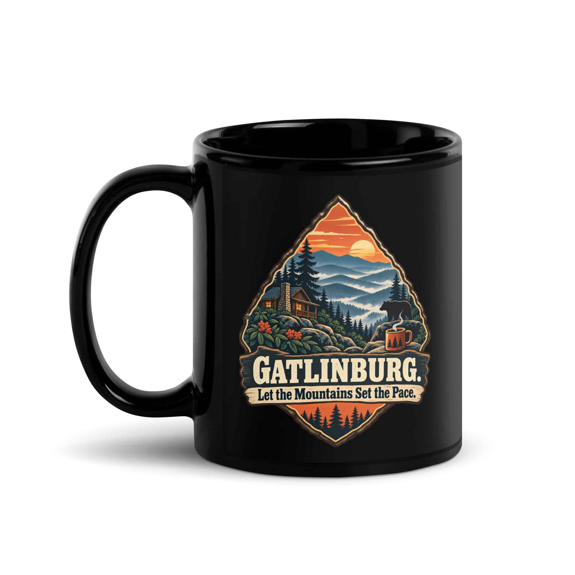 Gatlinburg and the Smokies Black Coffee Mug: Gatlinburg. Let the Mountains Set the Pace, Scenic Shield Badge
