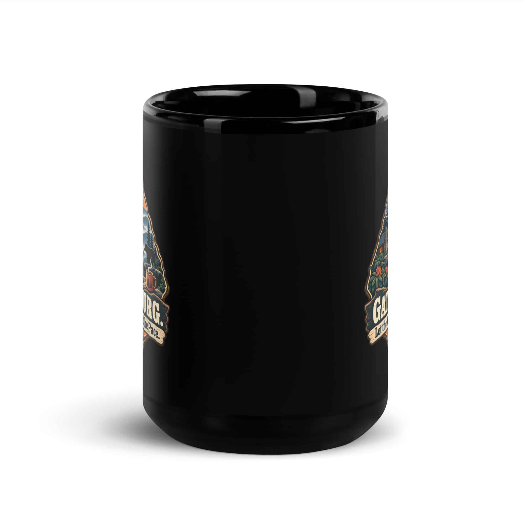 Gatlinburg and the Smokies Black Coffee Mug: Gatlinburg. Let the Mountains Set the Pace, Scenic Shield Badge