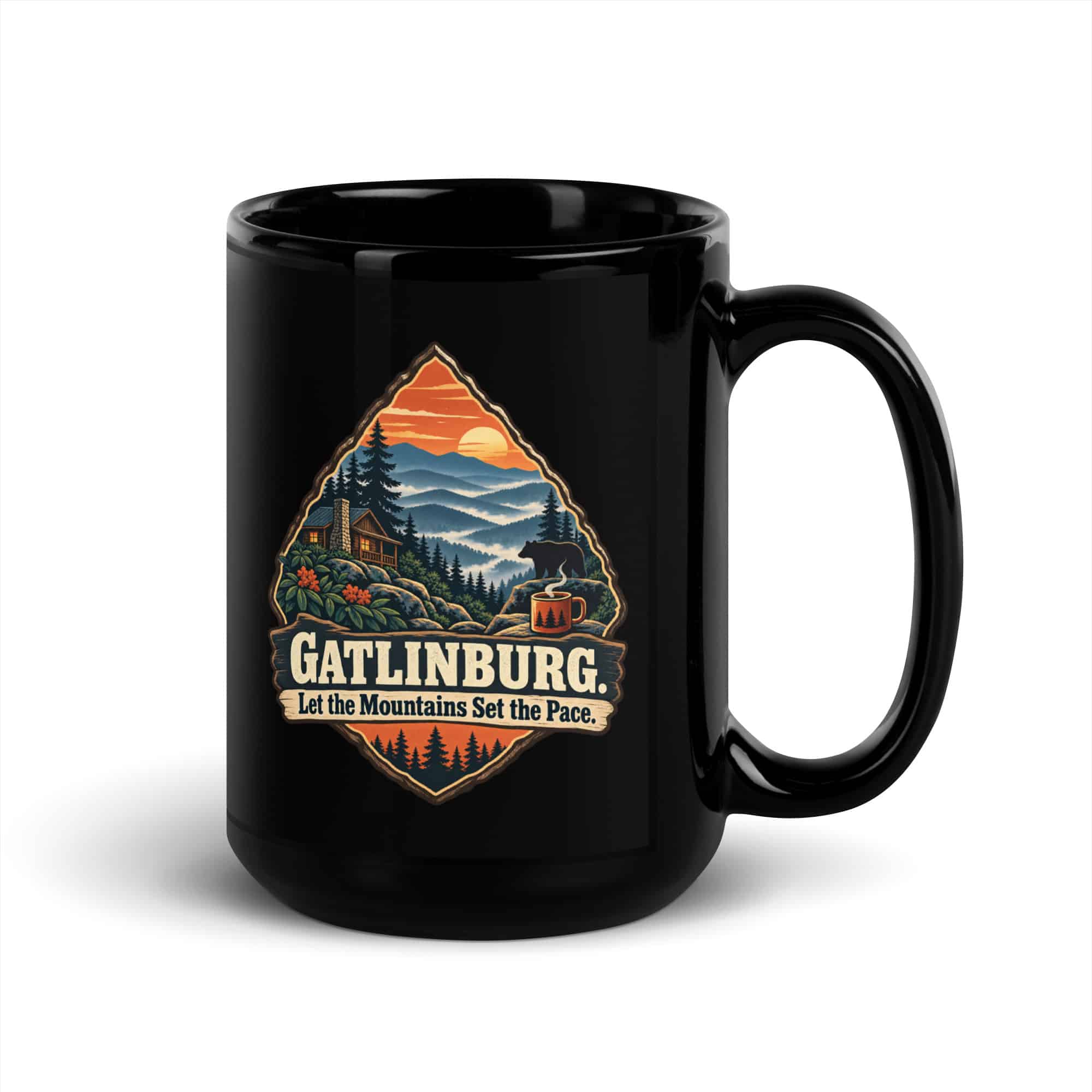 Gatlinburg and the Smokies Black Coffee Mug: Gatlinburg. Let the Mountains Set the Pace, Scenic Shield Badge