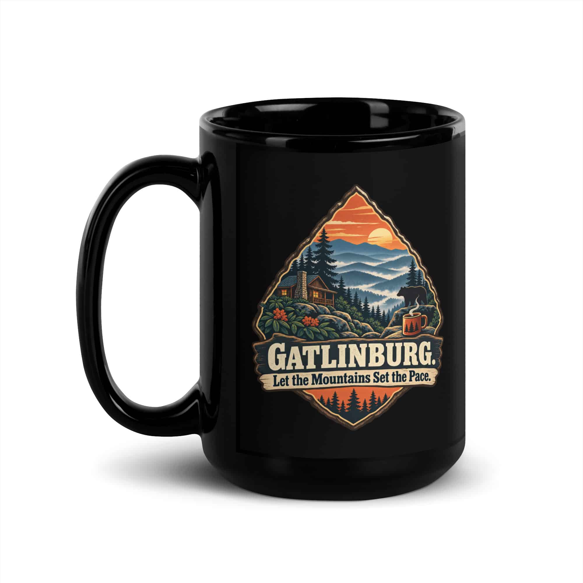 Gatlinburg and the Smokies Black Coffee Mug: Gatlinburg. Let the Mountains Set the Pace, Scenic Shield Badge