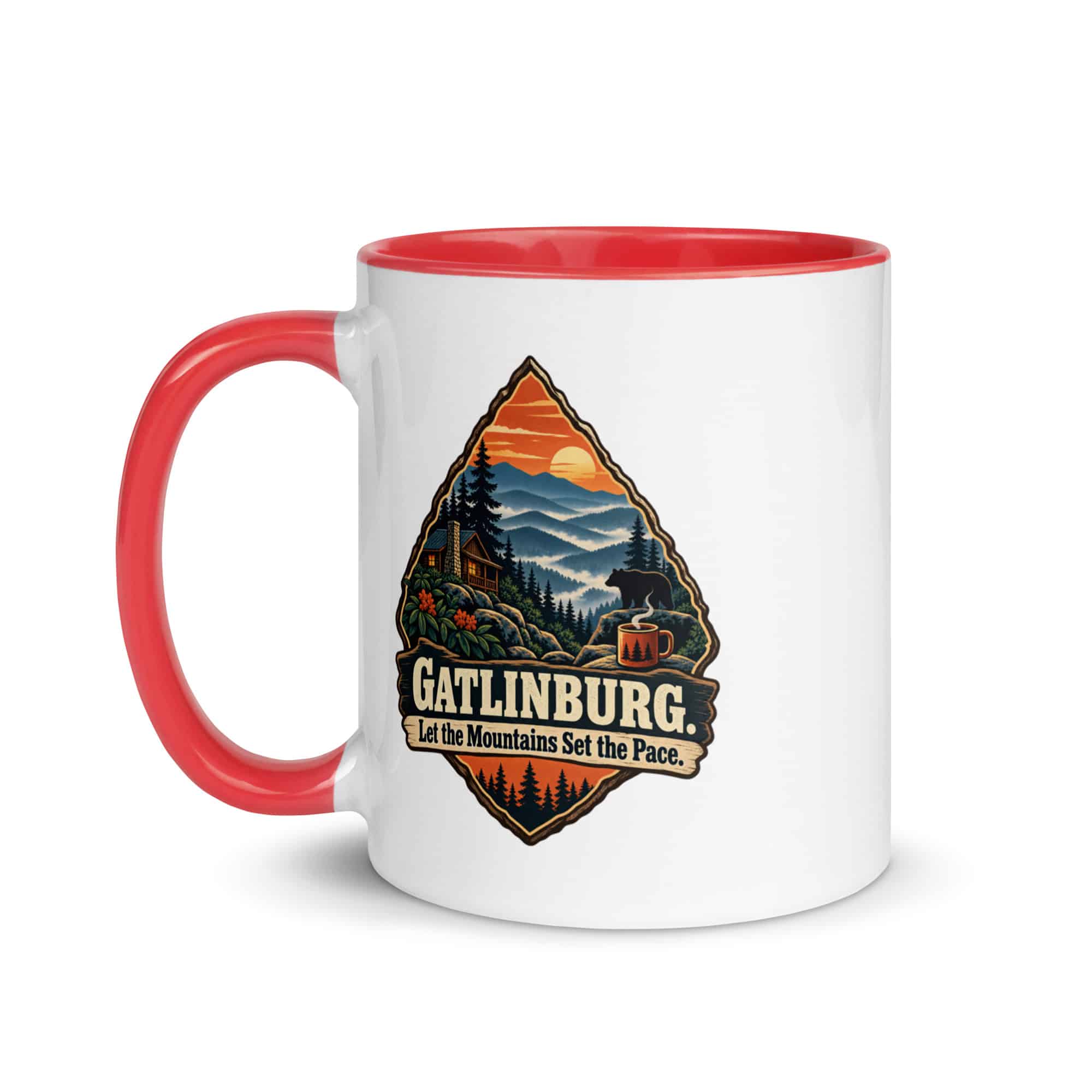 Gatlinburg and the Smokies Color Inside Coffee Mug: Gatlinburg. Let the Mountains Set the Pace, Scenic Shield Badge