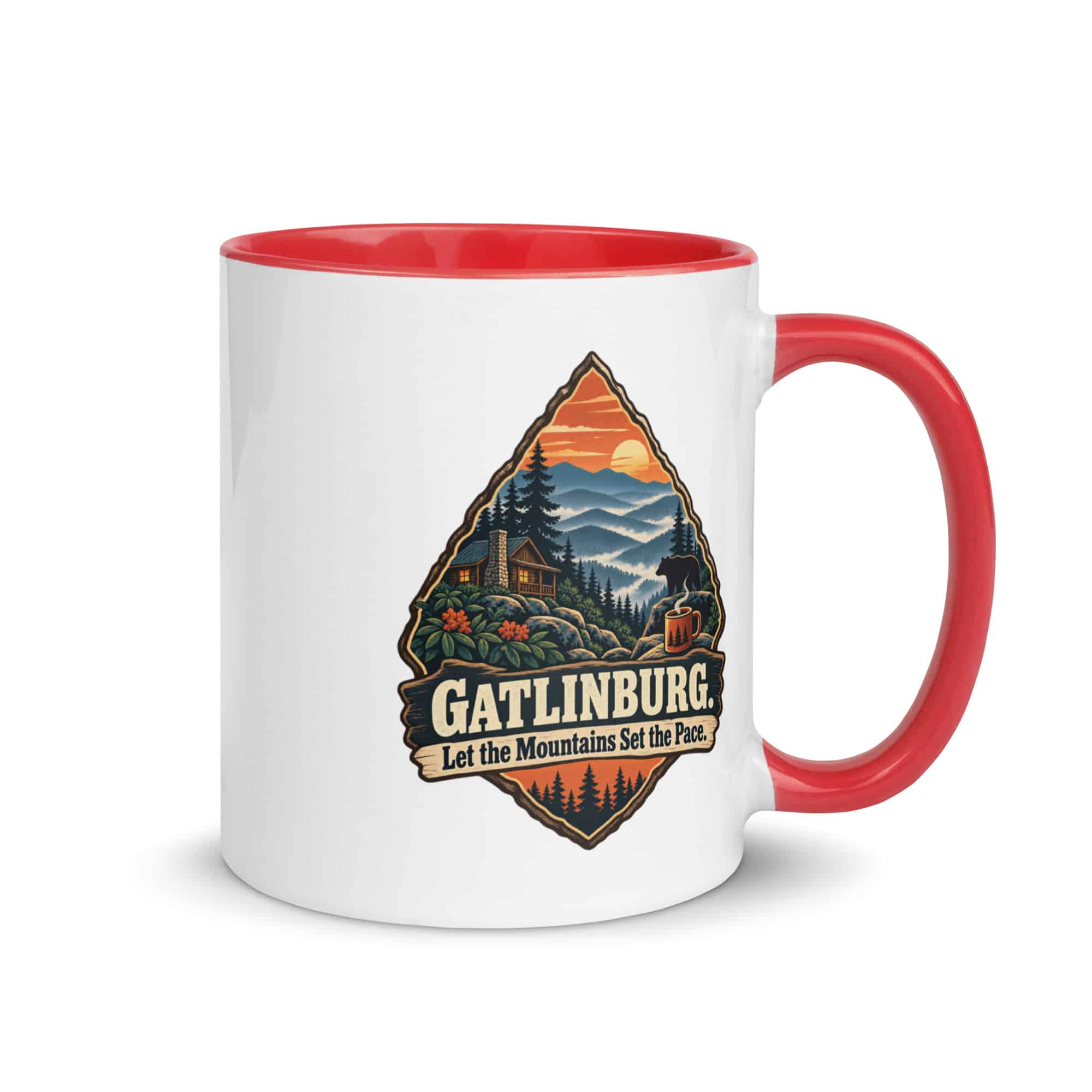 Gatlinburg and the Smokies Color Inside Coffee Mug: Gatlinburg. Let the Mountains Set the Pace, Scenic Shield Badge