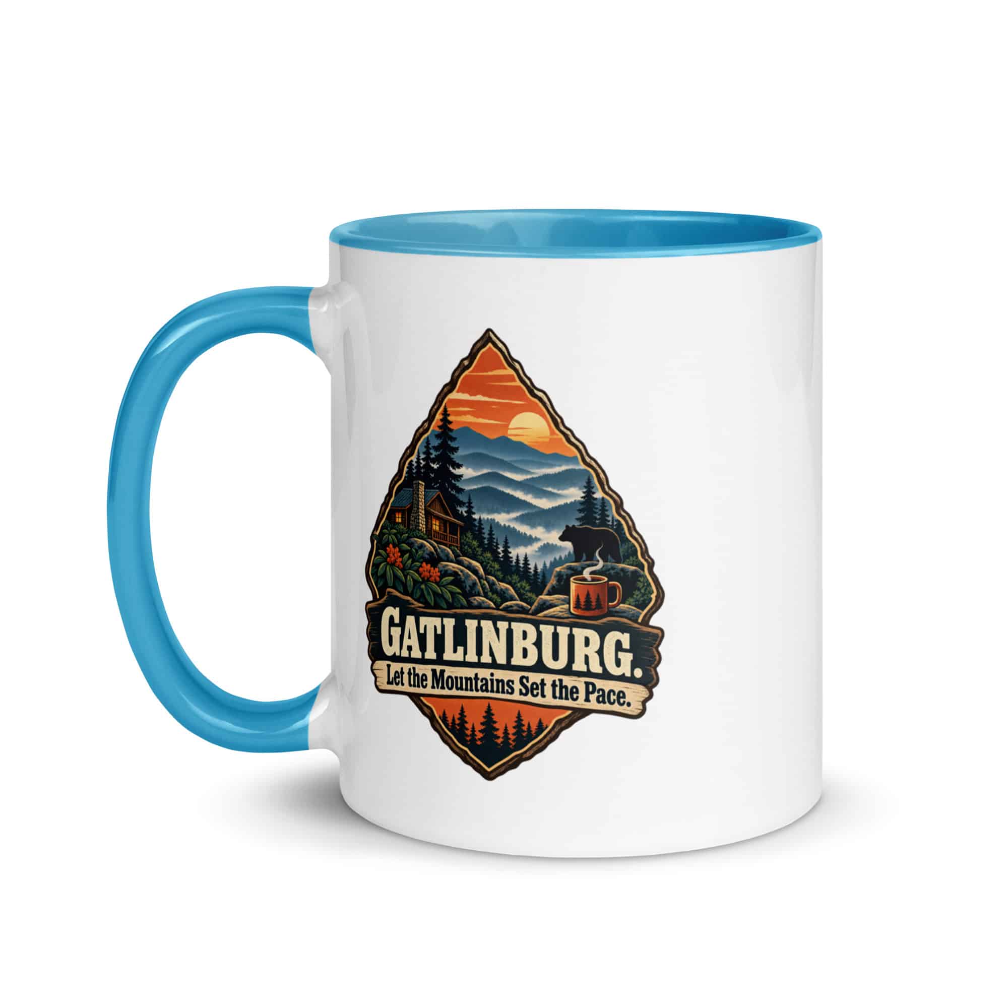 Gatlinburg and the Smokies Color Inside Coffee Mug: Gatlinburg. Let the Mountains Set the Pace, Scenic Shield Badge