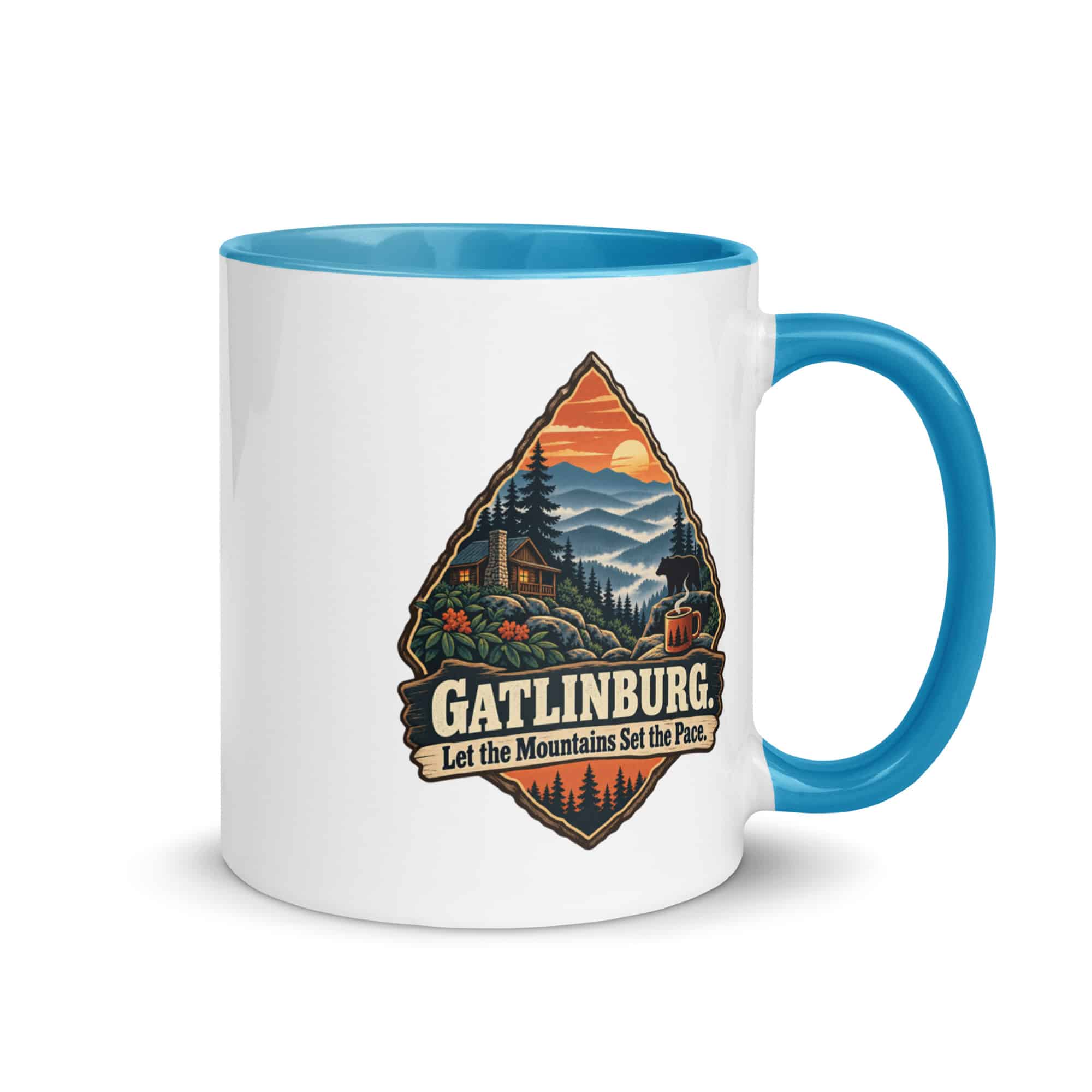 Gatlinburg and the Smokies Color Inside Coffee Mug: Gatlinburg. Let the Mountains Set the Pace, Scenic Shield Badge