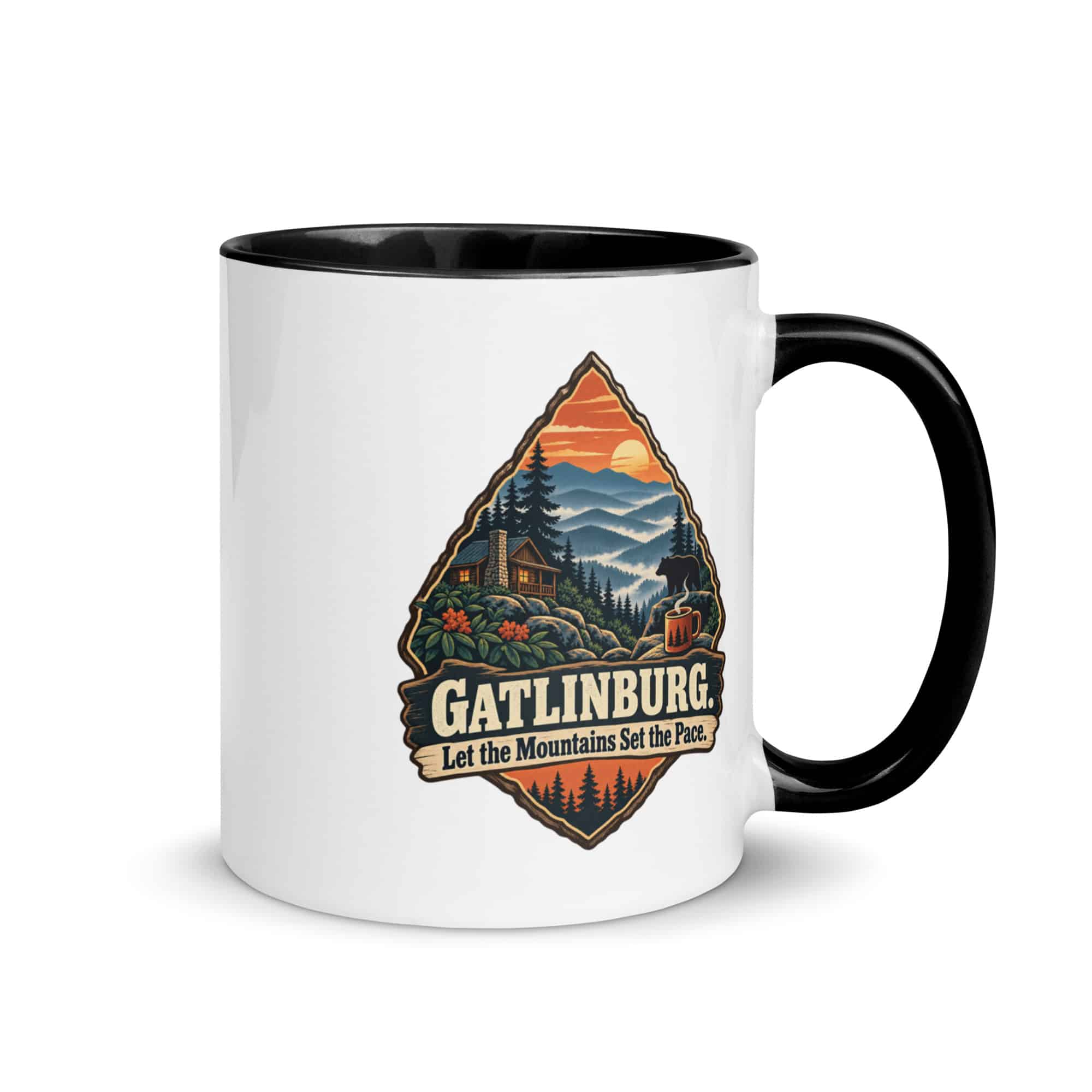 Gatlinburg and the Smokies Color Inside Coffee Mug: Gatlinburg. Let the Mountains Set the Pace, Scenic Shield Badge