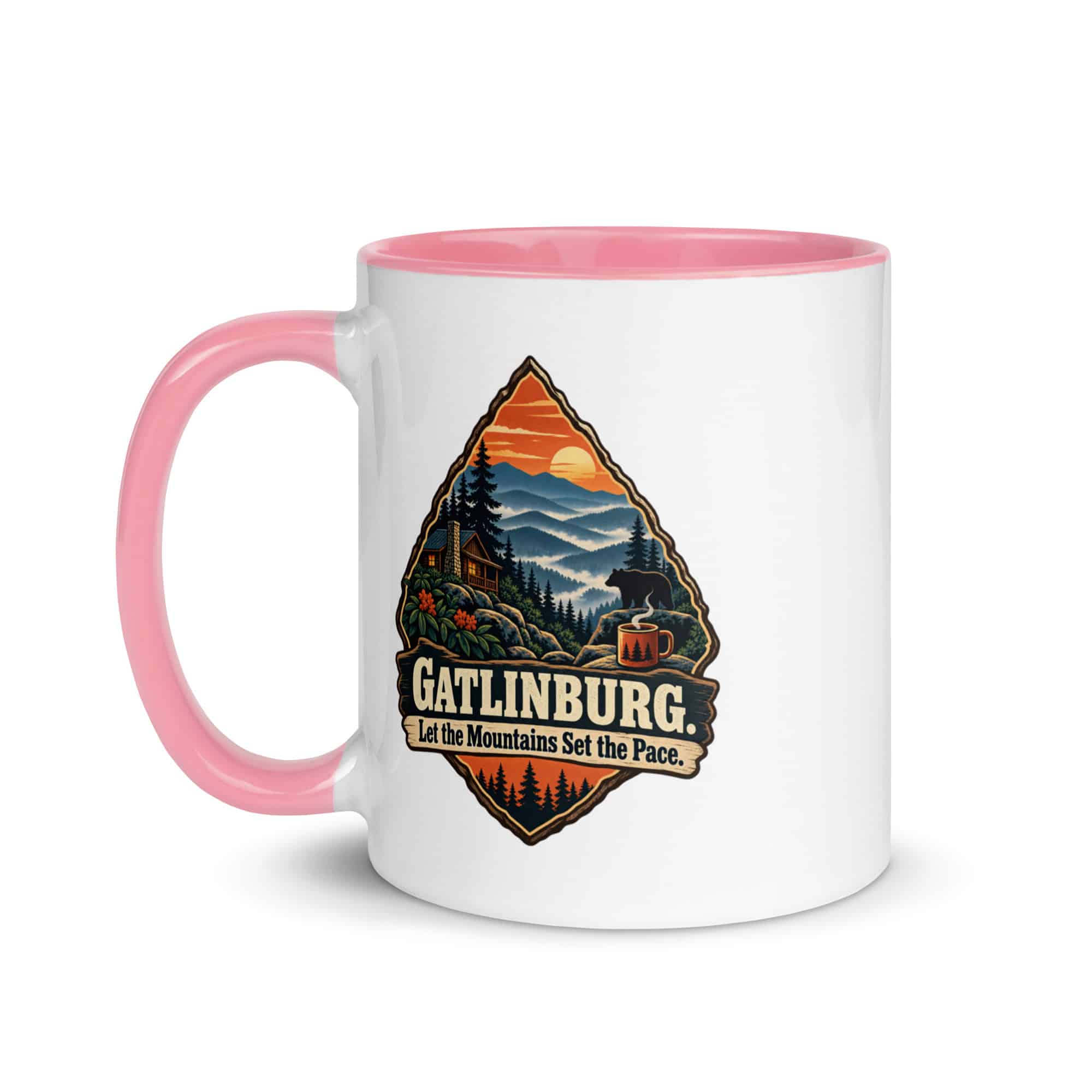 Gatlinburg and the Smokies Color Inside Coffee Mug: Gatlinburg. Let the Mountains Set the Pace, Scenic Shield Badge