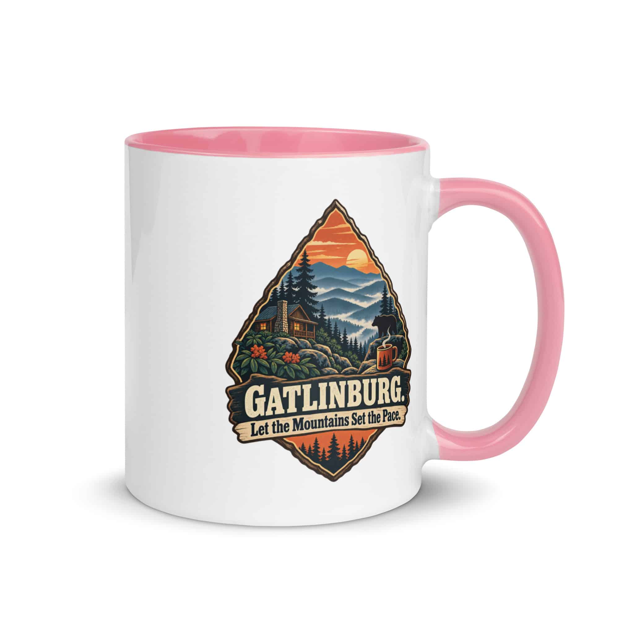 Gatlinburg and the Smokies Color Inside Coffee Mug: Gatlinburg. Let the Mountains Set the Pace, Scenic Shield Badge