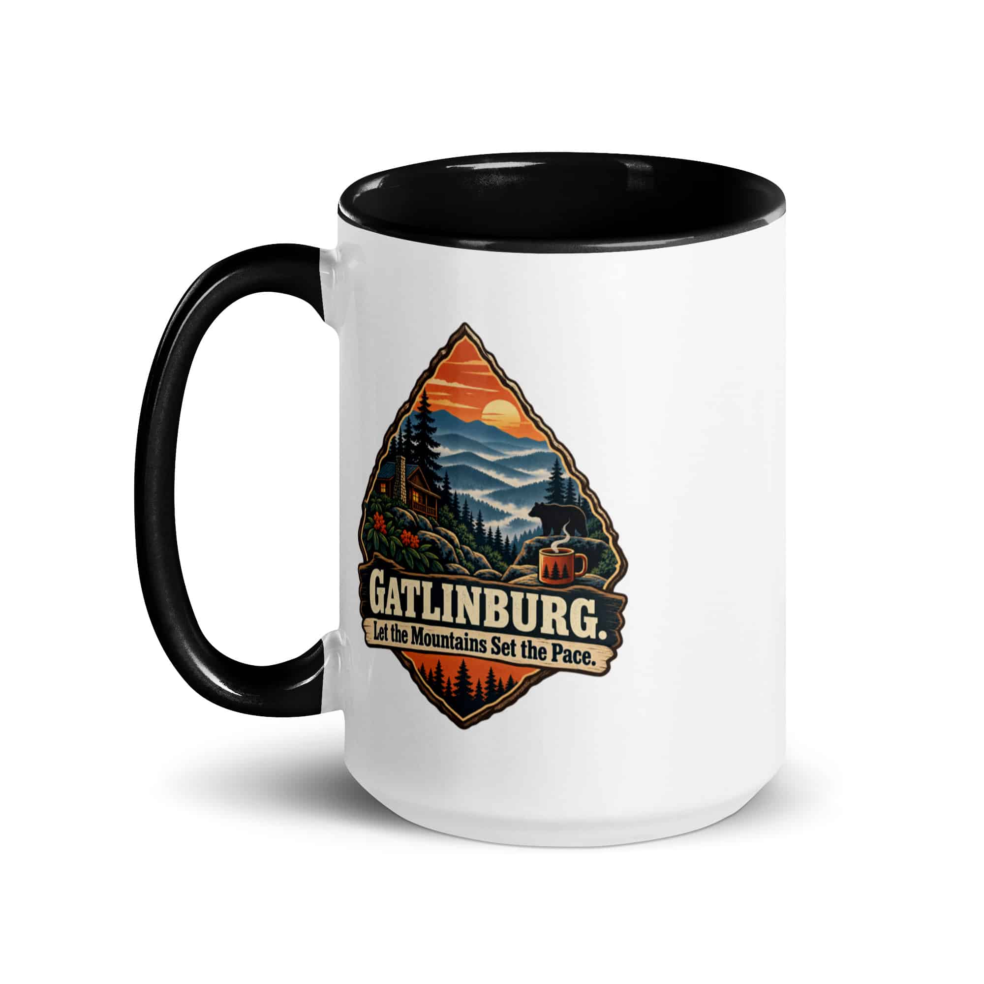 Gatlinburg and the Smokies Color Inside Coffee Mug: Gatlinburg. Let the Mountains Set the Pace, Scenic Shield Badge