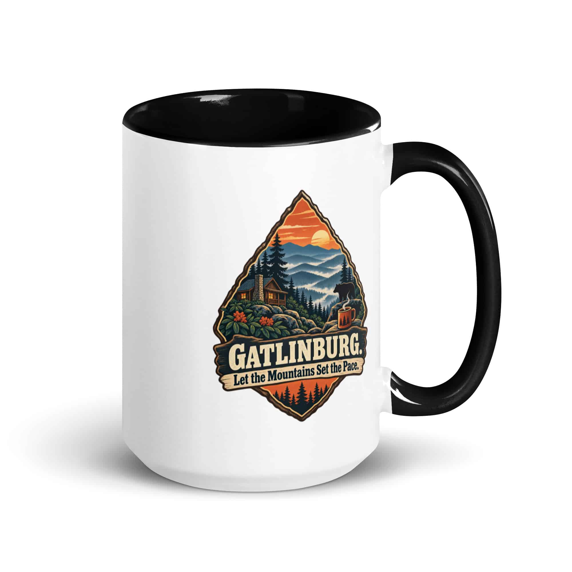 Gatlinburg and the Smokies Color Inside Coffee Mug: Gatlinburg. Let the Mountains Set the Pace, Scenic Shield Badge