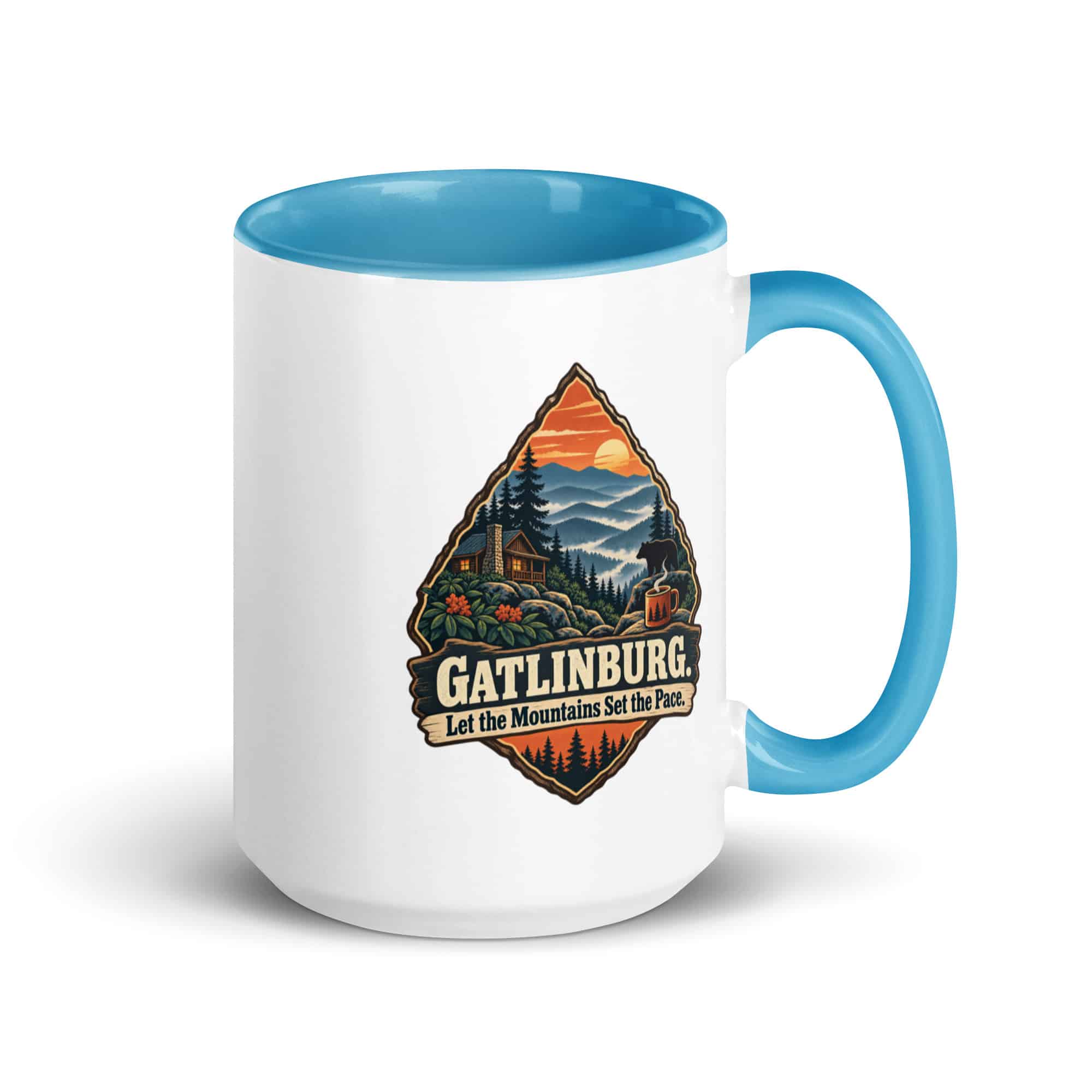 Gatlinburg and the Smokies Color Inside Coffee Mug: Gatlinburg. Let the Mountains Set the Pace, Scenic Shield Badge